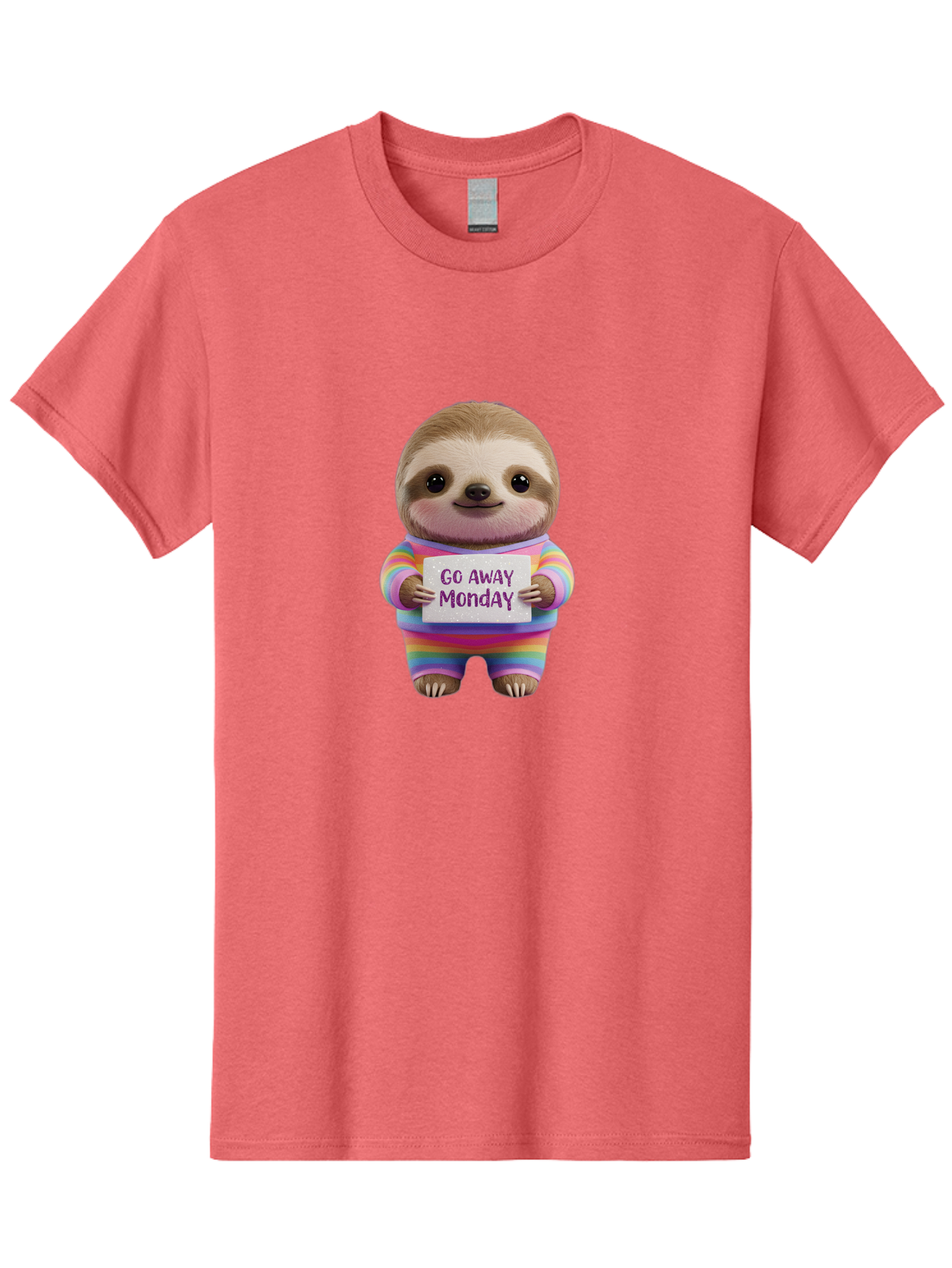 Go-Away-Monday-Sloth-1 Men'S Graphic Tee, 100% Cotton, Comfortable Casual Summer Wear, Machine Washable, Cute Sloth In Rainbow Pajamas, Holding Sign That Says Go Away Monday, Funny Cartoon Character, Humorous Illustration, Lazy Sloth, Bae457 9