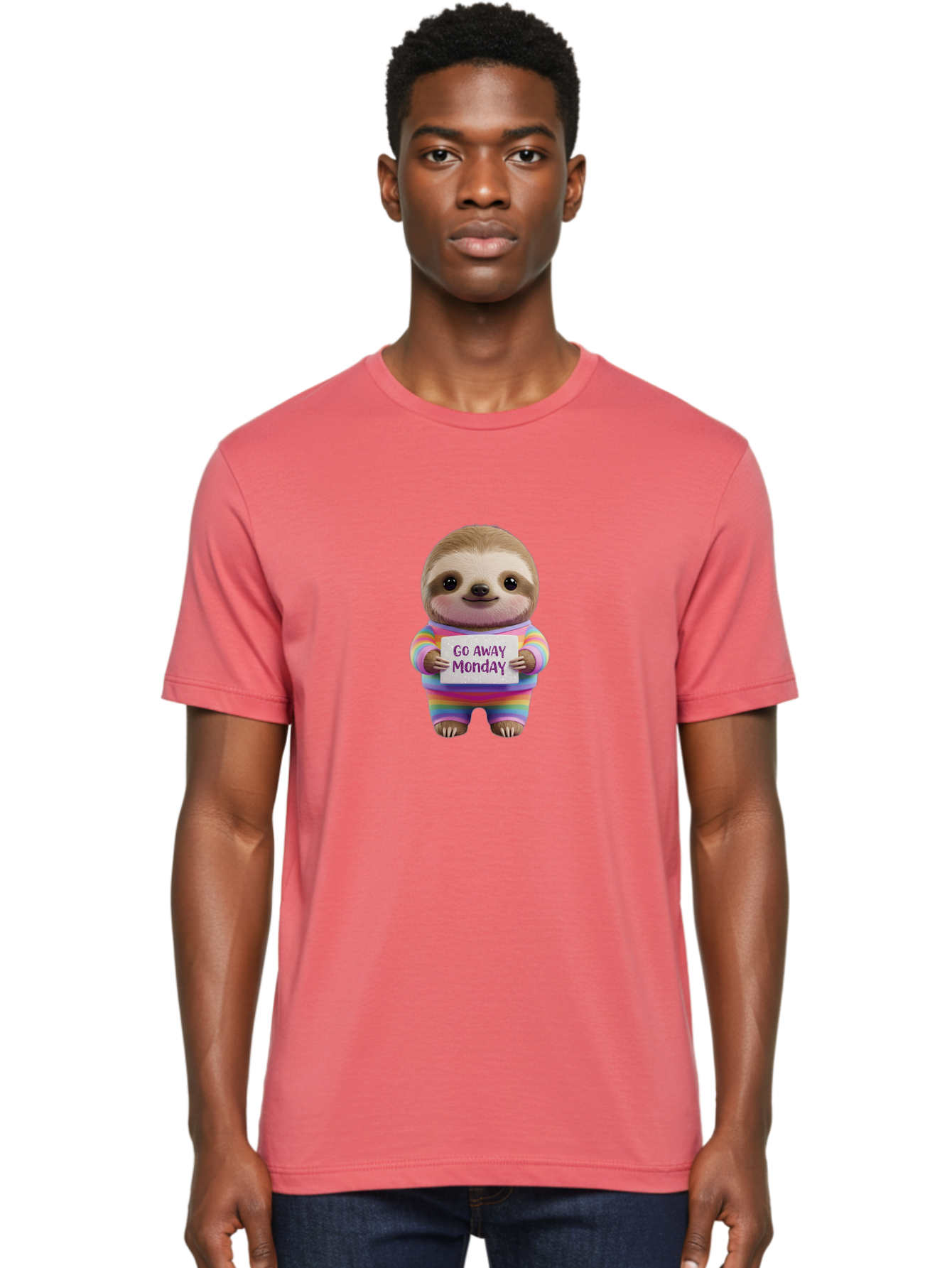 Go-Away-Monday-Sloth-1 Men'S Graphic Tee, 100% Cotton, Comfortable Casual Summer Wear, Machine Washable, Cute Sloth In Rainbow Pajamas, Holding Sign That Says Go Away Monday, Funny Cartoon Character, Humorous Illustration, Lazy Sloth, Bae457 24