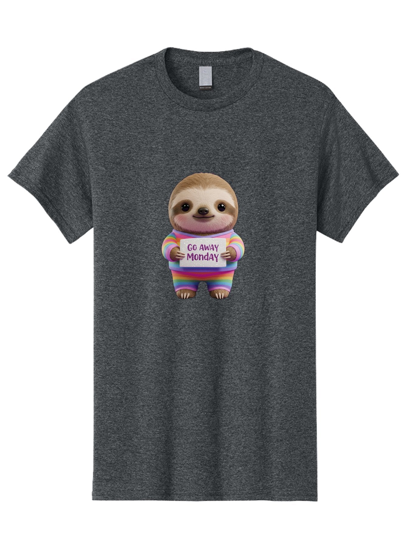 Go-Away-Monday-Sloth-1 Men'S Graphic Tee, 100% Cotton, Comfortable Casual Summer Wear, Machine Washable, Cute Sloth In Rainbow Pajamas, Holding Sign That Says Go Away Monday, Funny Cartoon Character, Humorous Illustration, Lazy Sloth, Bae457 5