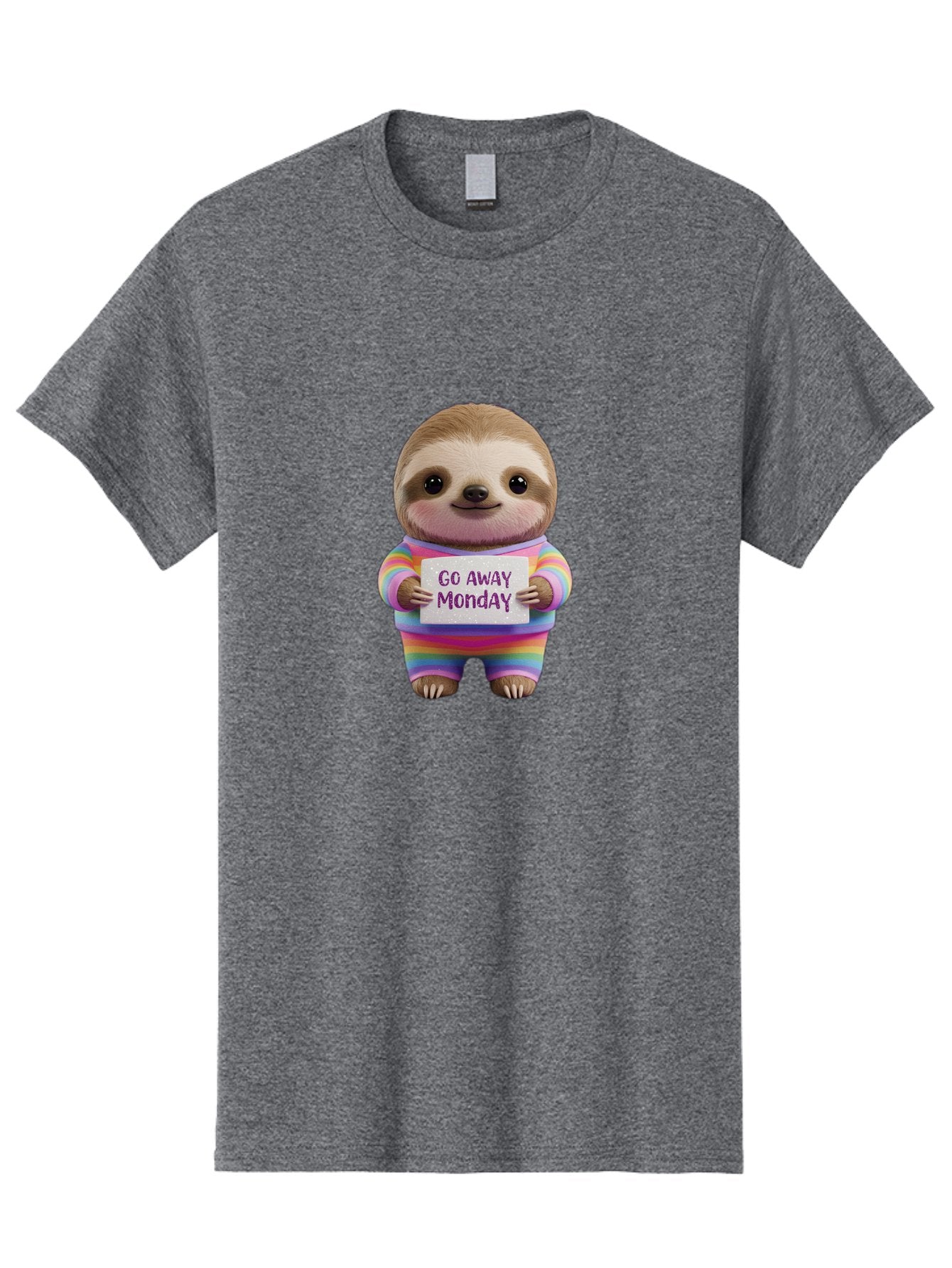 Go-Away-Monday-Sloth-1 Men'S Graphic Tee, 100% Cotton, Comfortable Casual Summer Wear, Machine Washable, Cute Sloth In Rainbow Pajamas, Holding Sign That Says Go Away Monday, Funny Cartoon Character, Humorous Illustration, Lazy Sloth, Bae457 8