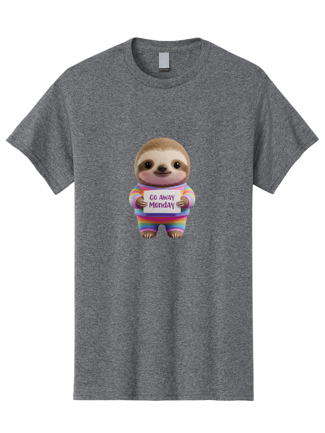 Go-Away-Monday-Sloth-1 Men'S Graphic Tee, 100% Cotton, Comfortable Casual Summer Wear, Machine Washable, Cute Sloth In Rainbow Pajamas, Holding Sign That Says Go Away Monday, Funny Cartoon Character, Humorous Illustration, Lazy Sloth, Bae457 6