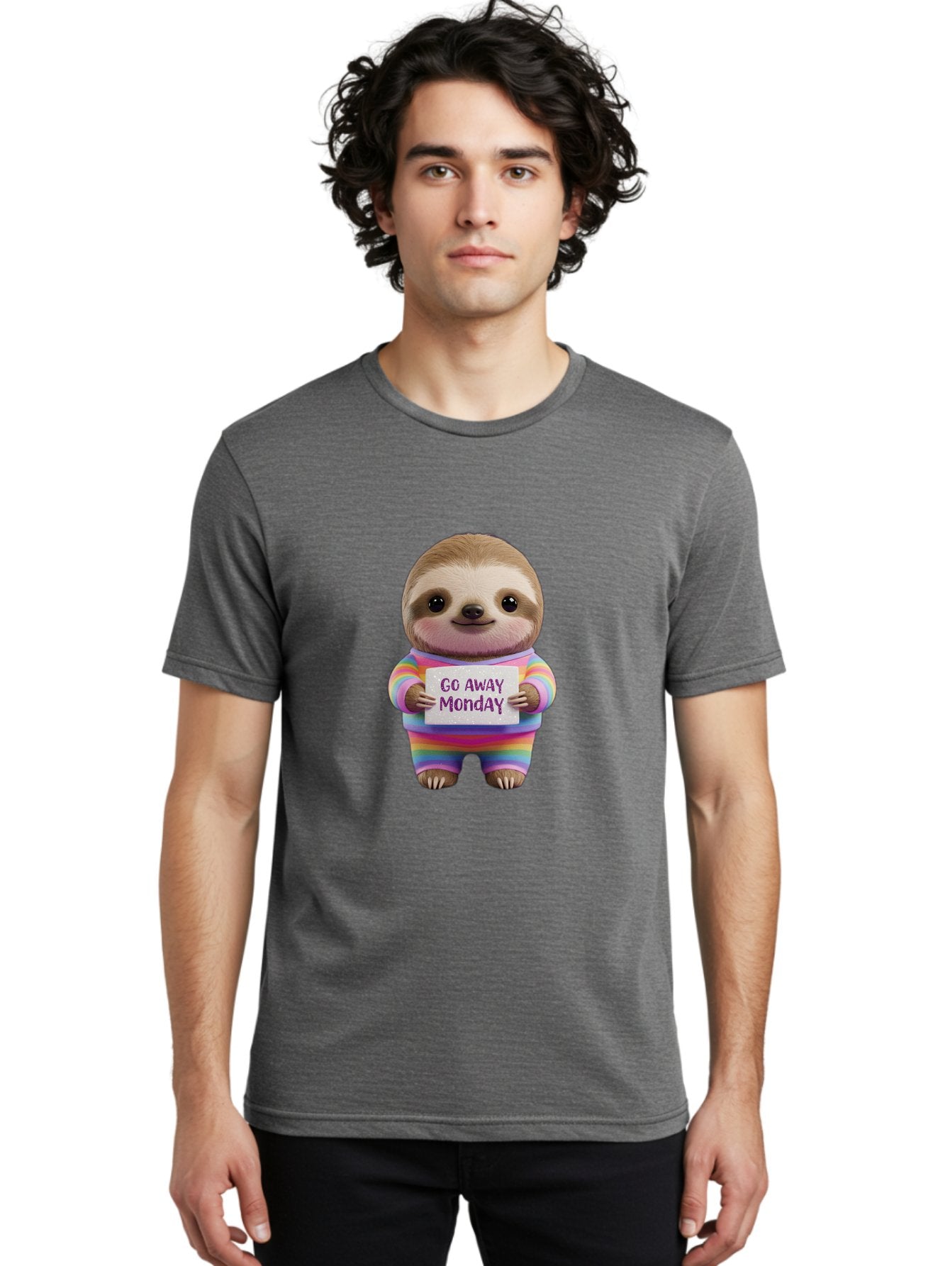 Go-Away-Monday-Sloth-1 Men'S Graphic Tee, 100% Cotton, Comfortable Casual Summer Wear, Machine Washable, Cute Sloth In Rainbow Pajamas, Holding Sign That Says Go Away Monday, Funny Cartoon Character, Humorous Illustration, Lazy Sloth, Bae457 25