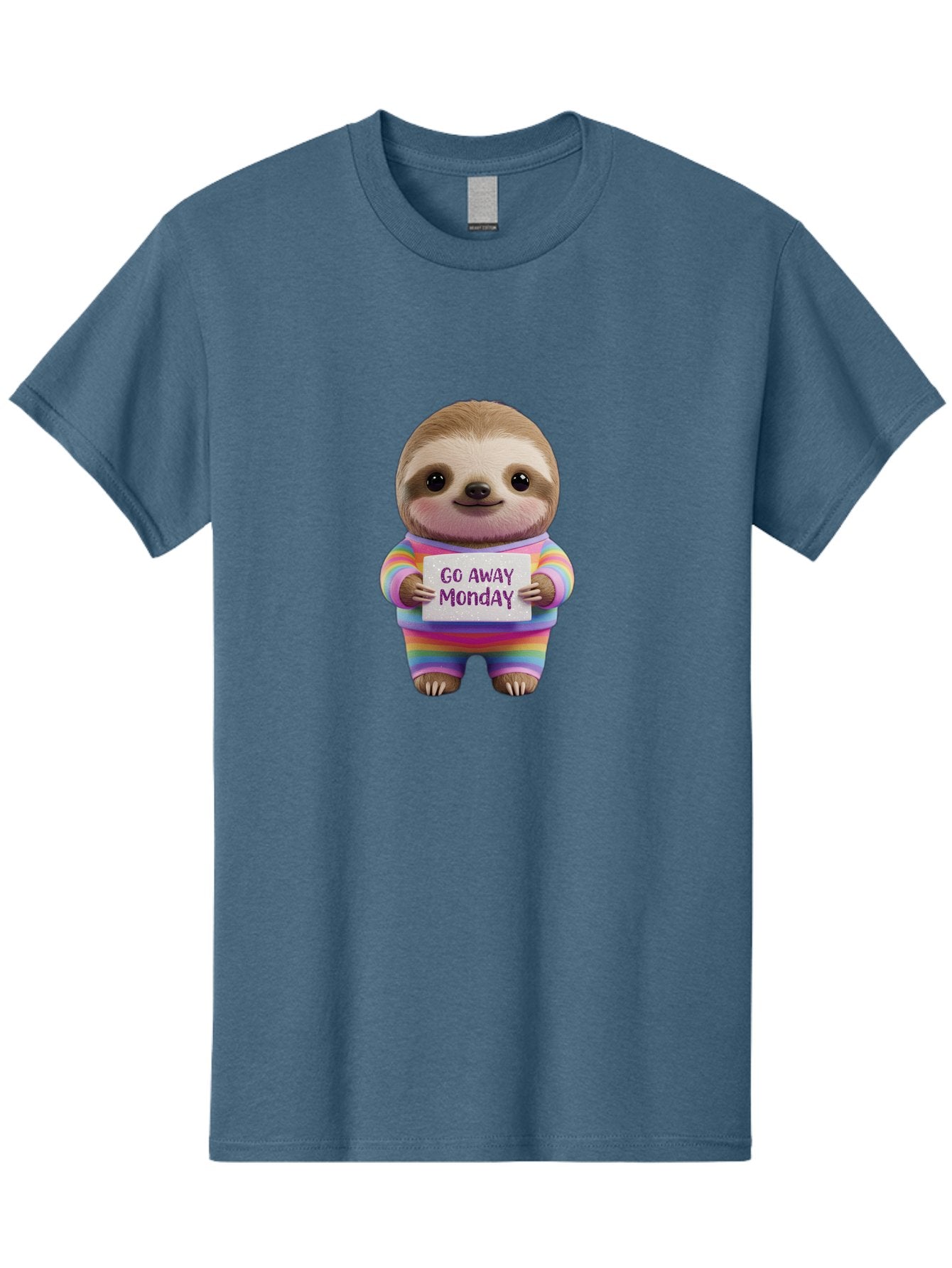 Go-Away-Monday-Sloth-1 Men'S Graphic Tee, 100% Cotton, Comfortable Casual Summer Wear, Machine Washable, Cute Sloth In Rainbow Pajamas, Holding Sign That Says Go Away Monday, Funny Cartoon Character, Humorous Illustration, Lazy Sloth, Bae457 6