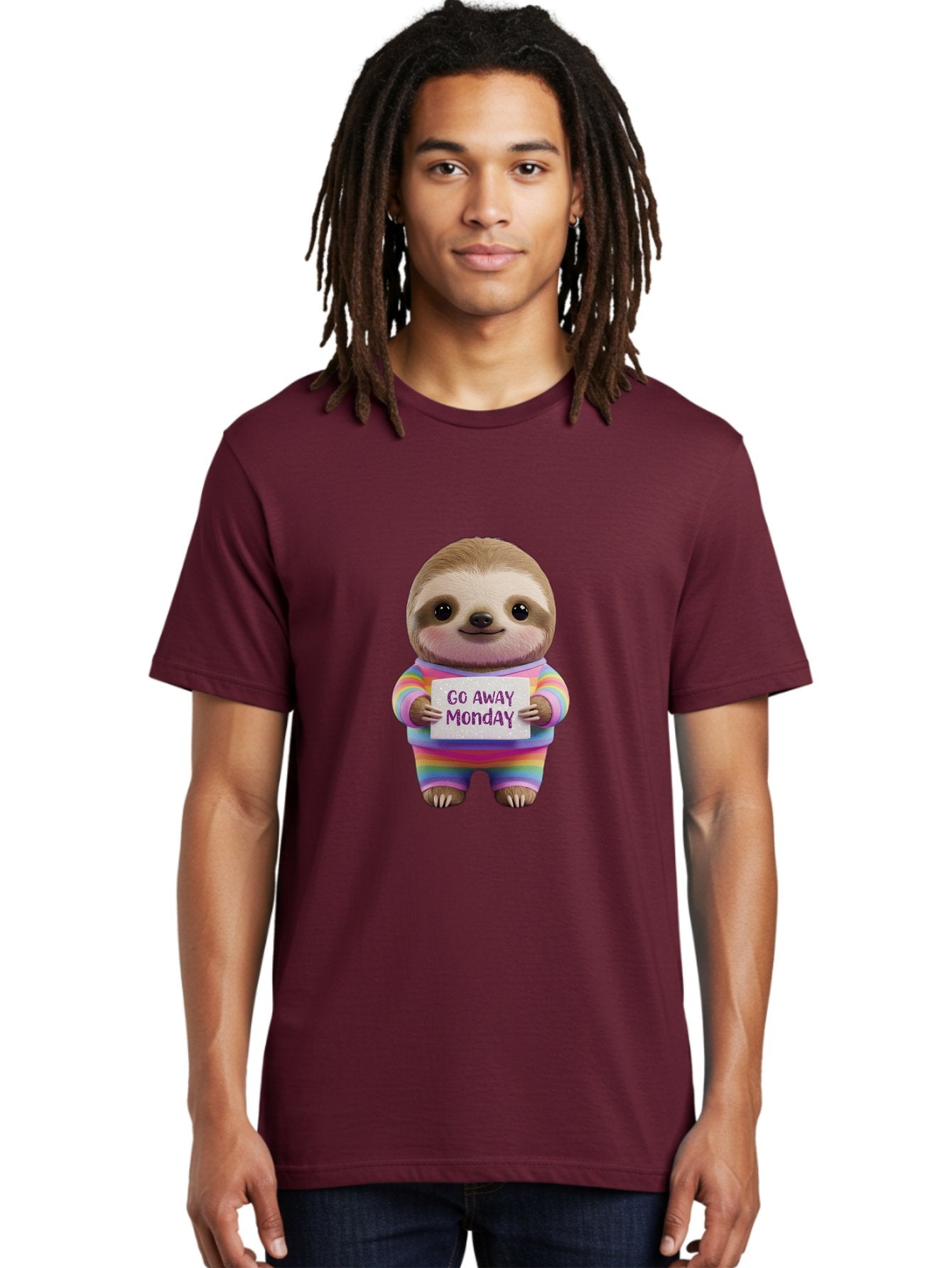 Go-Away-Monday-Sloth-1 Men'S Graphic Tee, 100% Cotton, Comfortable Casual Summer Wear, Machine Washable, Cute Sloth In Rainbow Pajamas, Holding Sign That Says Go Away Monday, Funny Cartoon Character, Humorous Illustration, Lazy Sloth, Bae457 30