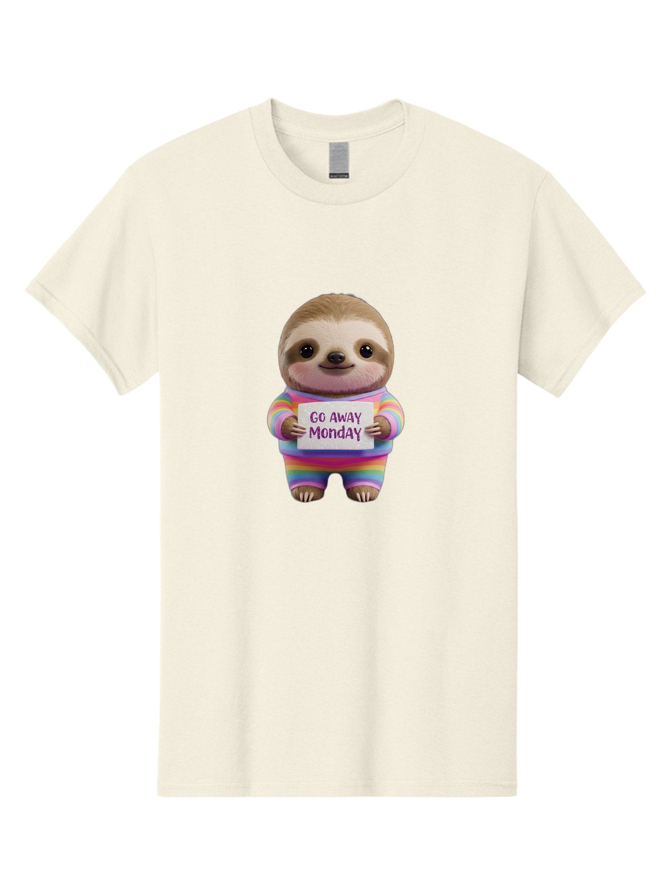 Go-Away-Monday-Sloth-1 Men'S Graphic Tee, 100% Cotton, Comfortable Casual Summer Wear, Machine Washable, Cute Sloth In Rainbow Pajamas, Holding Sign That Says Go Away Monday, Funny Cartoon Character, Humorous Illustration, Lazy Sloth, Bae457 11