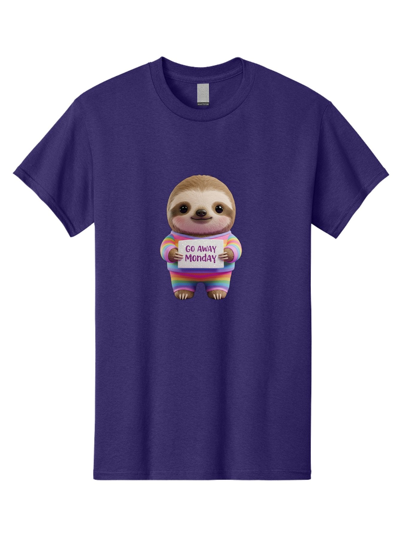Go-Away-Monday-Sloth-1 Men'S Graphic Tee, 100% Cotton, Comfortable Casual Summer Wear, Machine Washable, Cute Sloth In Rainbow Pajamas, Holding Sign That Says Go Away Monday, Funny Cartoon Character, Humorous Illustration, Lazy Sloth, Bae457 13