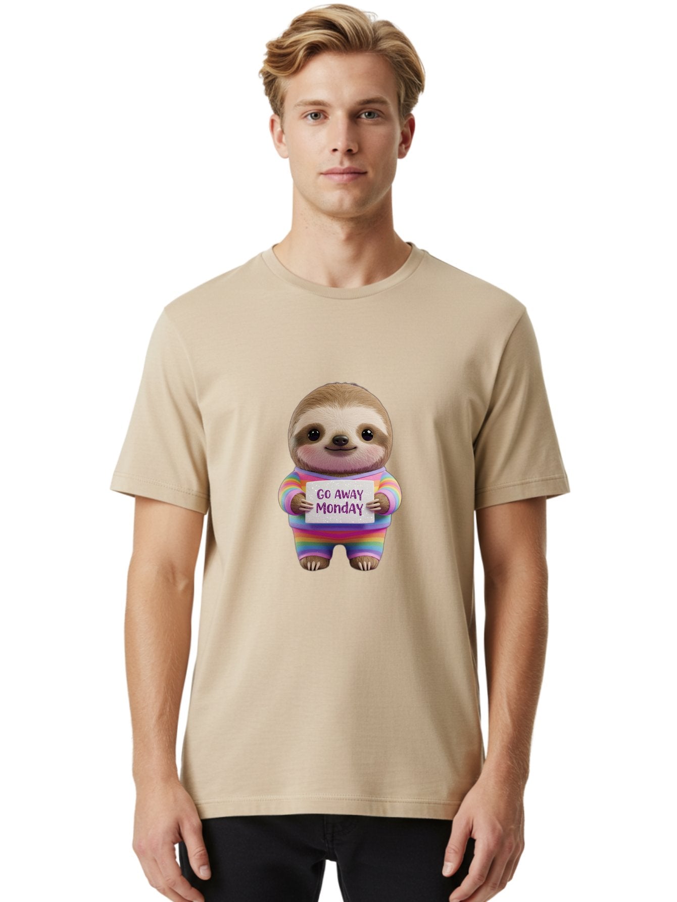 Go-Away-Monday-Sloth-1 Men'S Graphic Tee, 100% Cotton, Comfortable Casual Summer Wear, Machine Washable, Cute Sloth In Rainbow Pajamas, Holding Sign That Says Go Away Monday, Funny Cartoon Character, Humorous Illustration, Lazy Sloth, Bae457 29