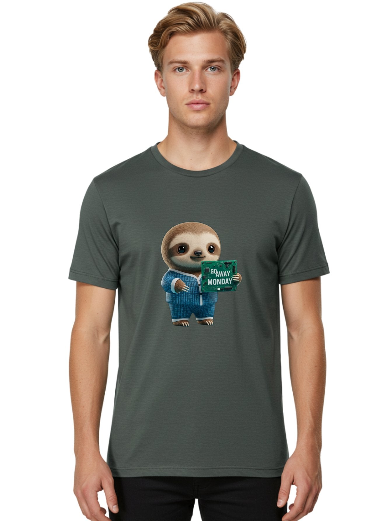 Go-Away-Monday-Sloth-2 Men'S Graphic Tee, 100% Cotton, Comfortable Casual Summer Wear, Machine Washable, Funny Sloth In Pajamas, Lazy Sloth Mascot, Cartoon Character Holding Sign, Go Away Monday, Humorous Illustration, Monday Motivation, Bae458 28