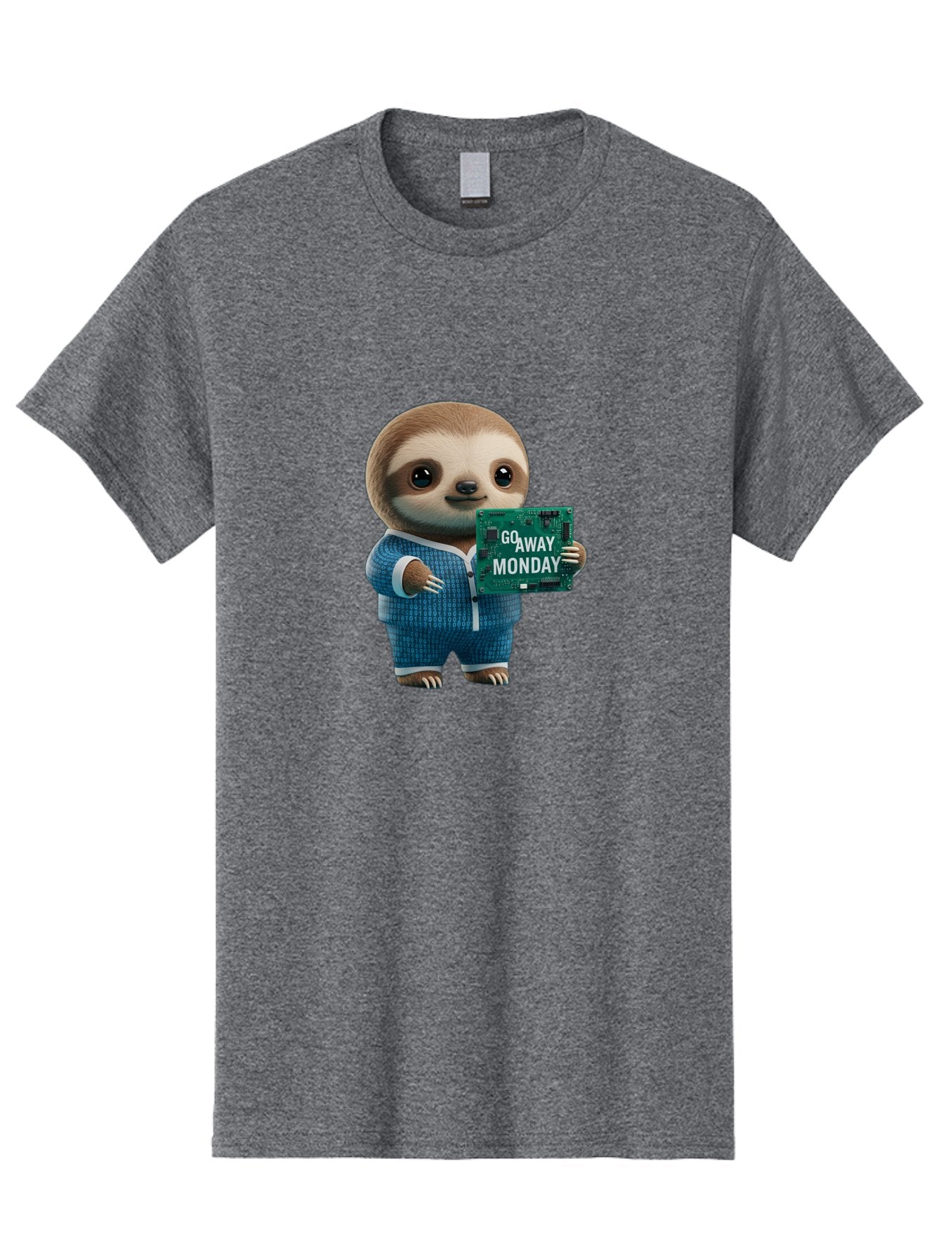 Go-Away-Monday-Sloth-2 Men'S Graphic Tee, 100% Cotton, Comfortable Casual Summer Wear, Machine Washable, Funny Sloth In Pajamas, Lazy Sloth Mascot, Cartoon Character Holding Sign, Go Away Monday, Humorous Illustration, Monday Motivation, Bae458