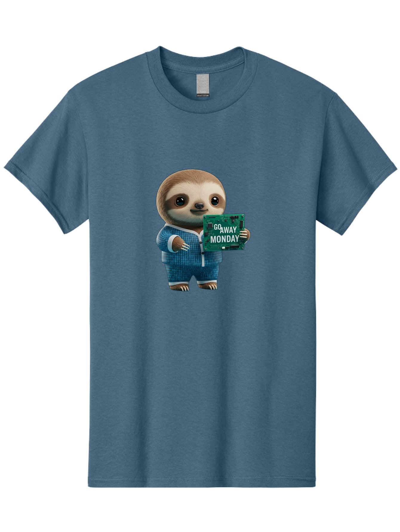 Go-Away-Monday-Sloth-2 Men'S Graphic Tee, 100% Cotton, Comfortable Casual Summer Wear, Machine Washable, Funny Sloth In Pajamas, Lazy Sloth Mascot, Cartoon Character Holding Sign, Go Away Monday, Humorous Illustration, Monday Motivation, Bae458