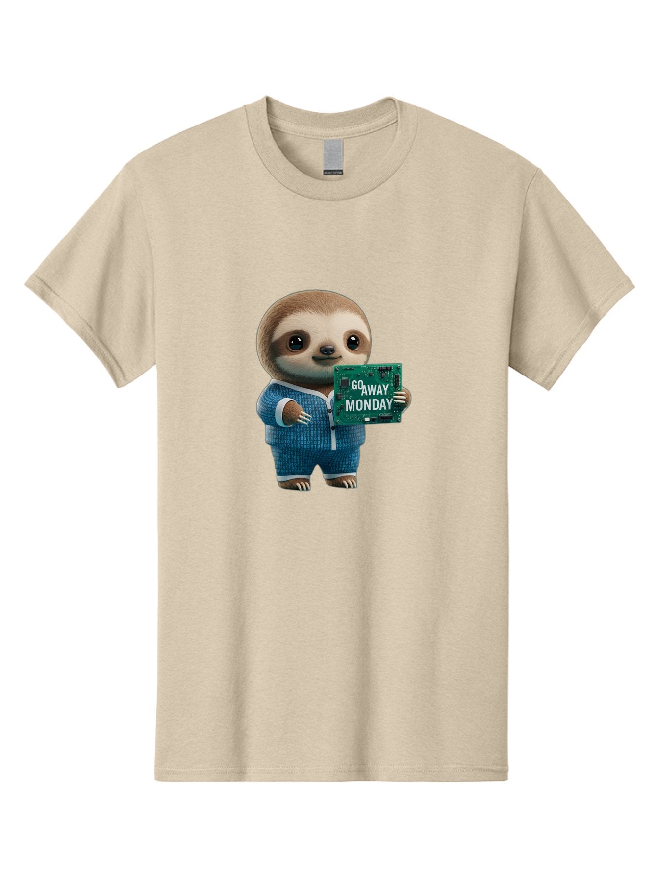 Go-Away-Monday-Sloth-2 Men'S Graphic Tee, 100% Cotton, Comfortable Casual Summer Wear, Machine Washable, Funny Sloth In Pajamas, Lazy Sloth Mascot, Cartoon Character Holding Sign, Go Away Monday, Humorous Illustration, Monday Motivation, Bae458 3