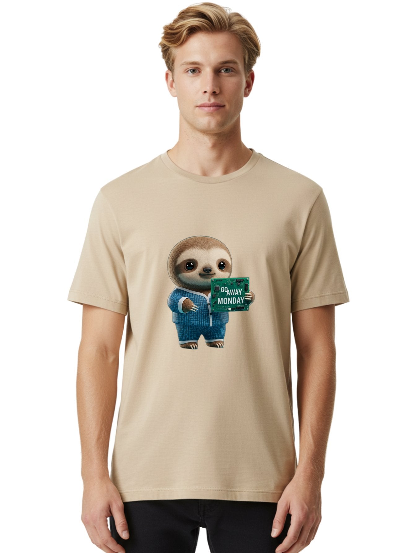 Go-Away-Monday-Sloth-2 Men'S Graphic Tee, 100% Cotton, Comfortable Casual Summer Wear, Machine Washable, Funny Sloth In Pajamas, Lazy Sloth Mascot, Cartoon Character Holding Sign, Go Away Monday, Humorous Illustration, Monday Motivation, Bae458 22