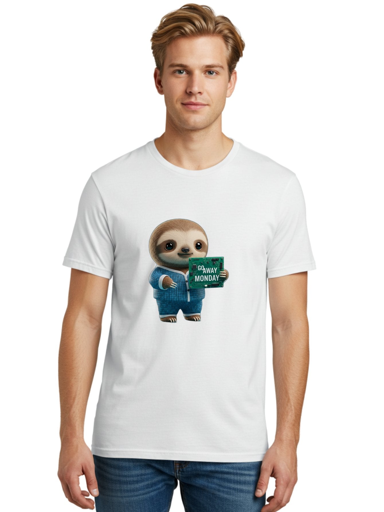 Go-Away-Monday-Sloth-2 Men'S Graphic Tee, 100% Cotton, Comfortable Casual Summer Wear, Machine Washable, Funny Sloth In Pajamas, Lazy Sloth Mascot, Cartoon Character Holding Sign, Go Away Monday, Humorous Illustration, Monday Motivation, Bae458 27