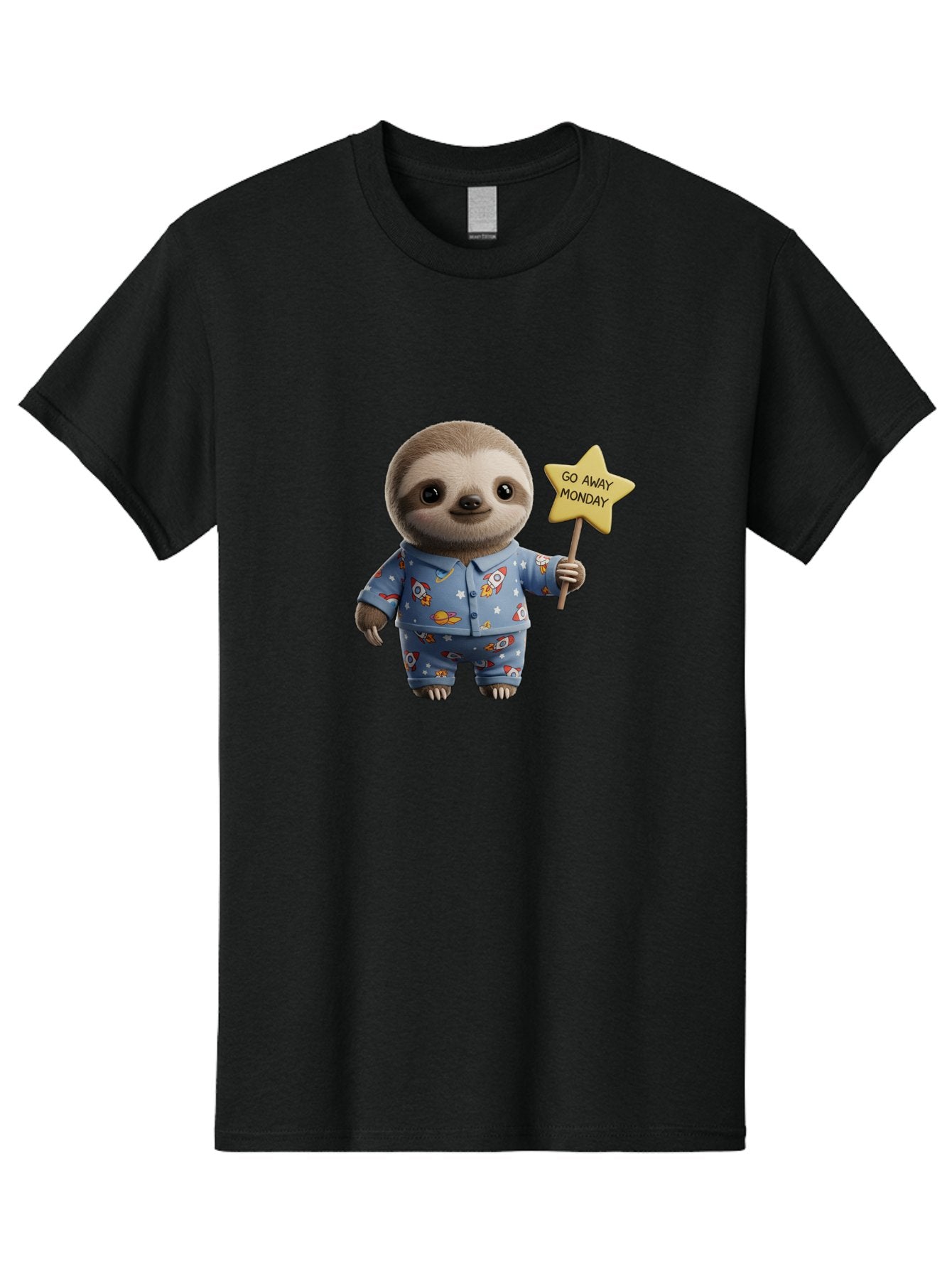 Go-Away-Monday-Sloth-3 Men'S Graphic Tee, 100% Cotton, Comfortable Casual Summer Wear, Machine Washable, Cute Sloth, Funny Sloth, Sloth In Pajamas, Space Themed, Cartoon Character, Go Away Monday Sign, Humorous Illustration, Quirky Design, Bae459