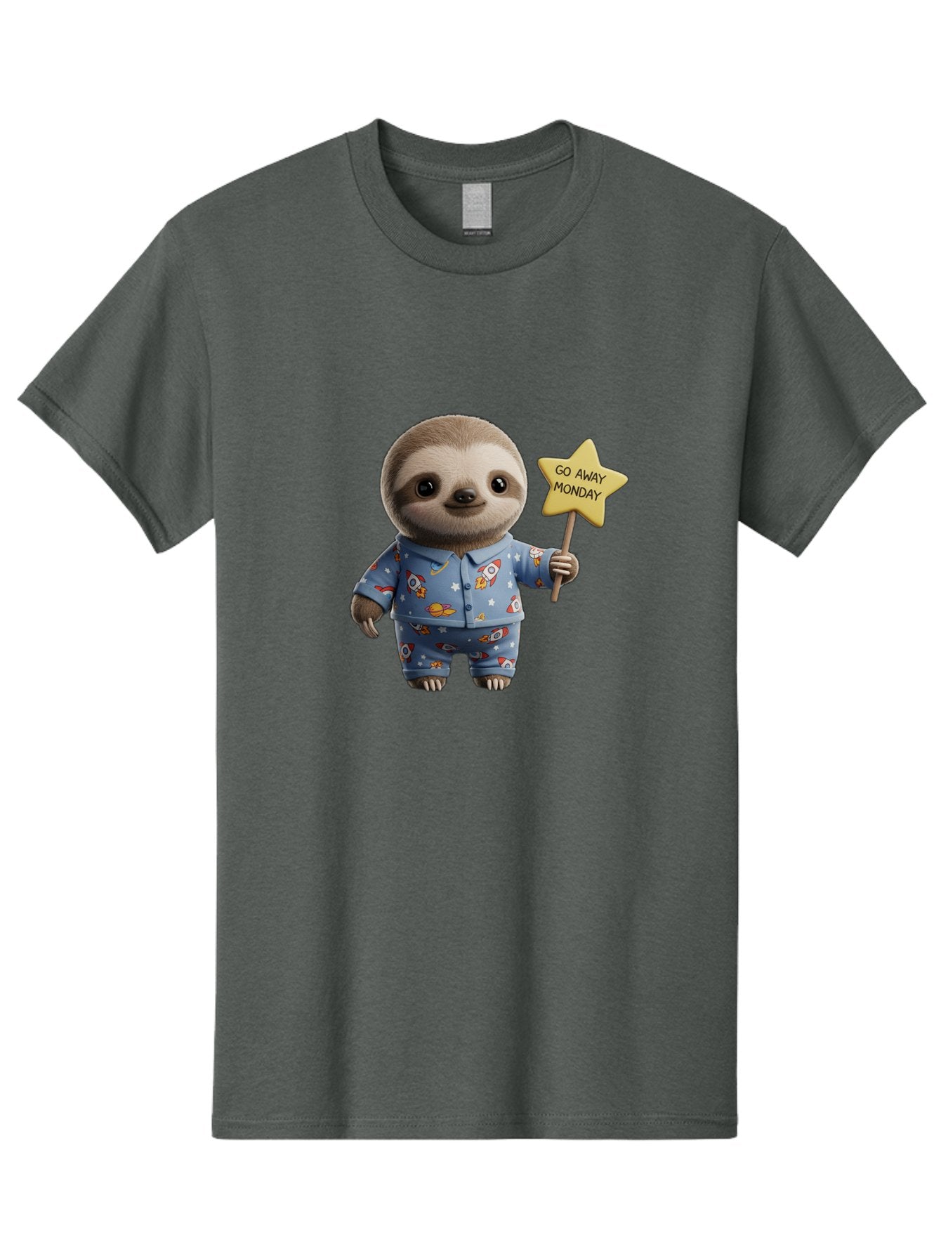Go-Away-Monday-Sloth-3 Men'S Graphic Tee, 100% Cotton, Comfortable Casual Summer Wear, Machine Washable, Cute Sloth, Funny Sloth, Sloth In Pajamas, Space Themed, Cartoon Character, Go Away Monday Sign, Humorous Illustration, Quirky Design, Bae459 5