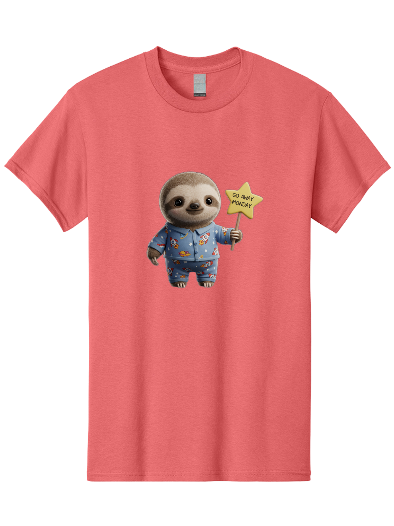 Go-Away-Monday-Sloth-3 Men'S Graphic Tee, 100% Cotton, Comfortable Casual Summer Wear, Machine Washable, Cute Sloth, Funny Sloth, Sloth In Pajamas, Space Themed, Cartoon Character, Go Away Monday Sign, Humorous Illustration, Quirky Design, Bae459 13