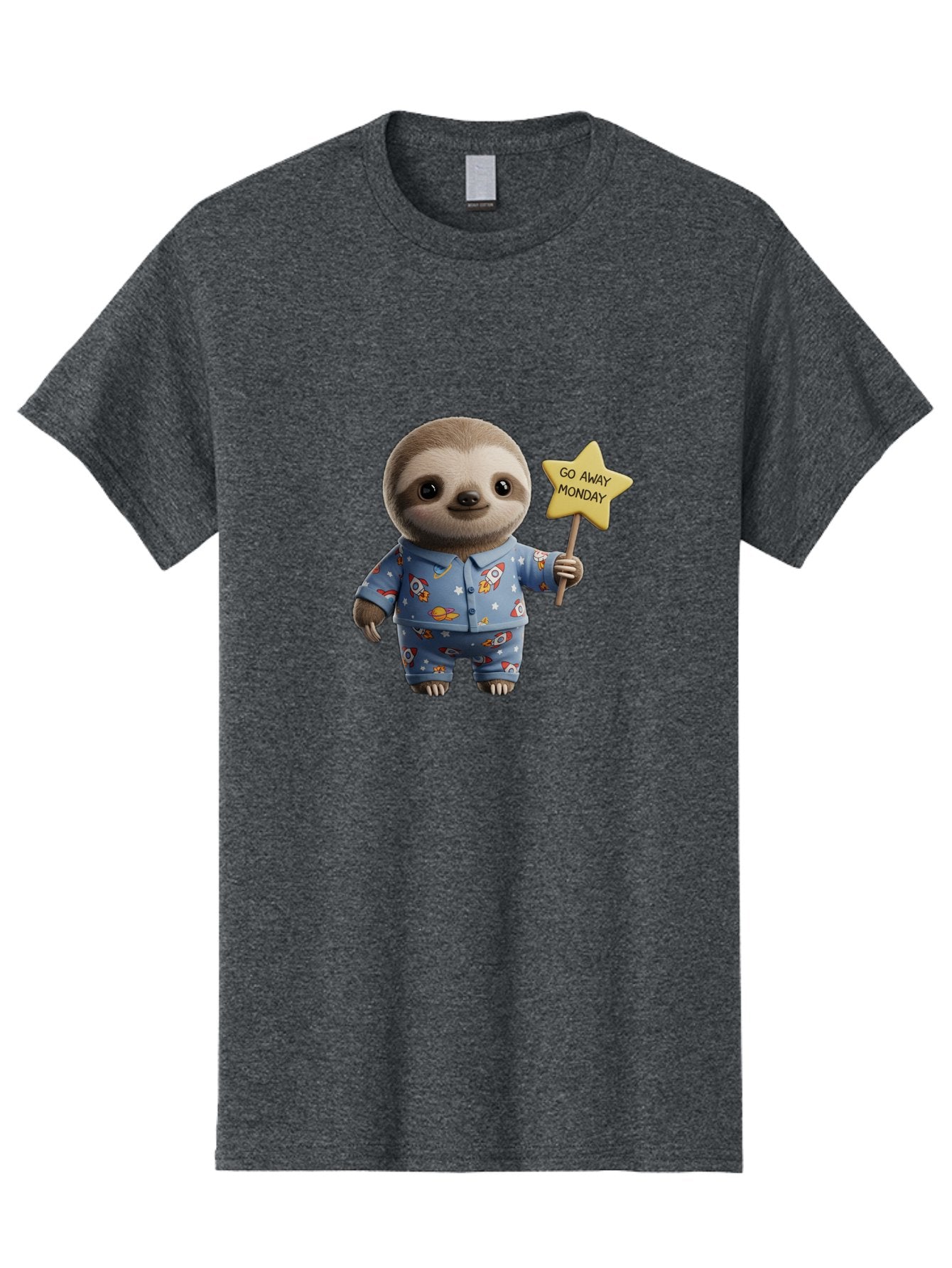 Go-Away-Monday-Sloth-3 Men'S Graphic Tee, 100% Cotton, Comfortable Casual Summer Wear, Machine Washable, Cute Sloth, Funny Sloth, Sloth In Pajamas, Space Themed, Cartoon Character, Go Away Monday Sign, Humorous Illustration, Quirky Design, Bae459 14