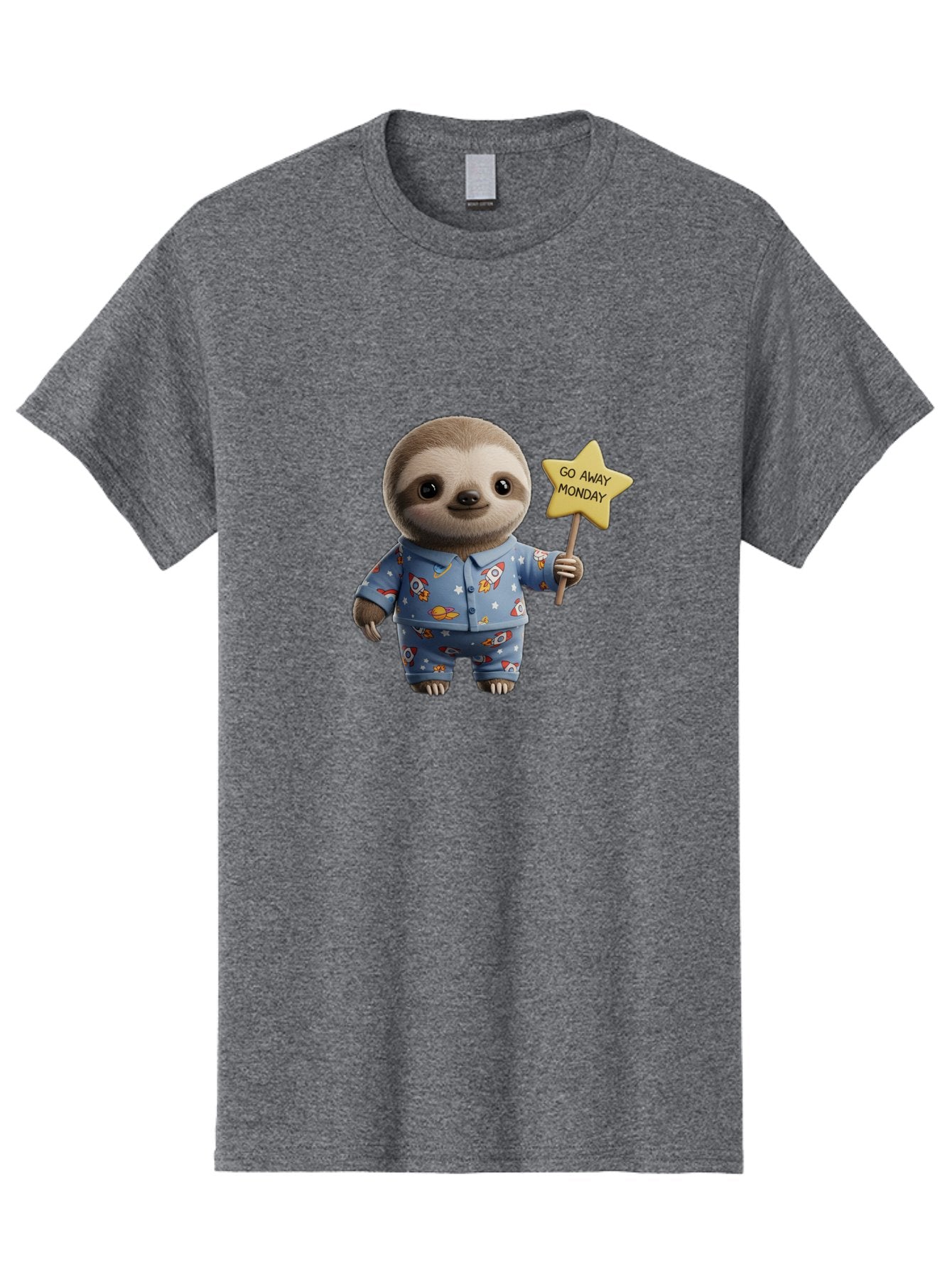 Go-Away-Monday-Sloth-3 Men'S Graphic Tee, 100% Cotton, Comfortable Casual Summer Wear, Machine Washable, Cute Sloth, Funny Sloth, Sloth In Pajamas, Space Themed, Cartoon Character, Go Away Monday Sign, Humorous Illustration, Quirky Design, Bae459 8