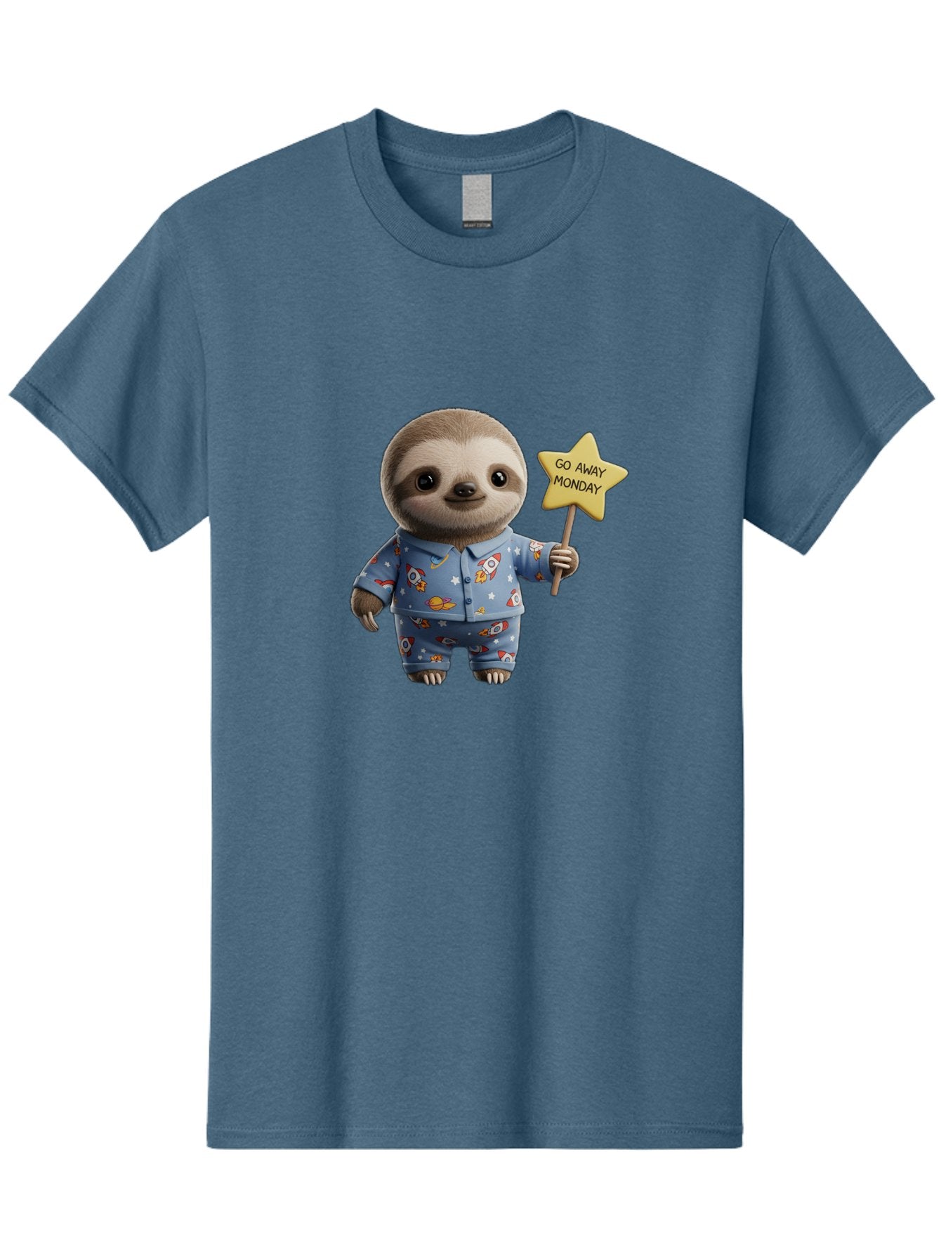 Go-Away-Monday-Sloth-3 Men'S Graphic Tee, 100% Cotton, Comfortable Casual Summer Wear, Machine Washable, Cute Sloth, Funny Sloth, Sloth In Pajamas, Space Themed, Cartoon Character, Go Away Monday Sign, Humorous Illustration, Quirky Design, Bae459 15