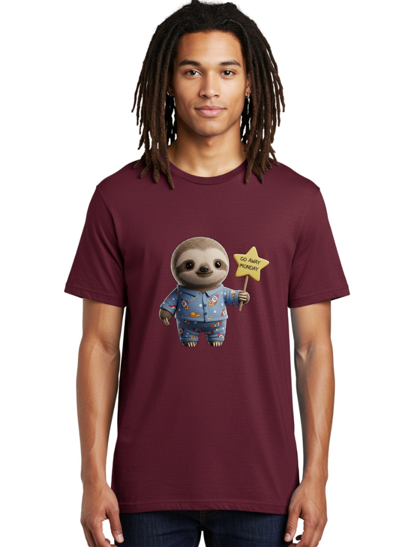 Go-Away-Monday-Sloth-3 Men'S Graphic Tee, 100% Cotton, Comfortable Casual Summer Wear, Machine Washable, Cute Sloth, Funny Sloth, Sloth In Pajamas, Space Themed, Cartoon Character, Go Away Monday Sign, Humorous Illustration, Quirky Design, Bae459 22