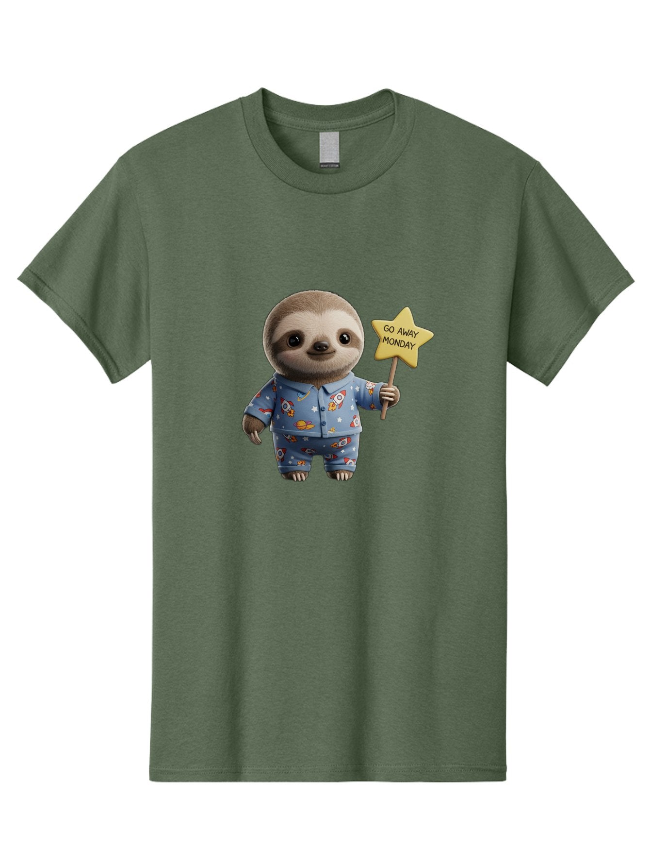 Go-Away-Monday-Sloth-3 Men'S Graphic Tee, 100% Cotton, Comfortable Casual Summer Wear, Machine Washable, Cute Sloth, Funny Sloth, Sloth In Pajamas, Space Themed, Cartoon Character, Go Away Monday Sign, Humorous Illustration, Quirky Design, Bae459 12