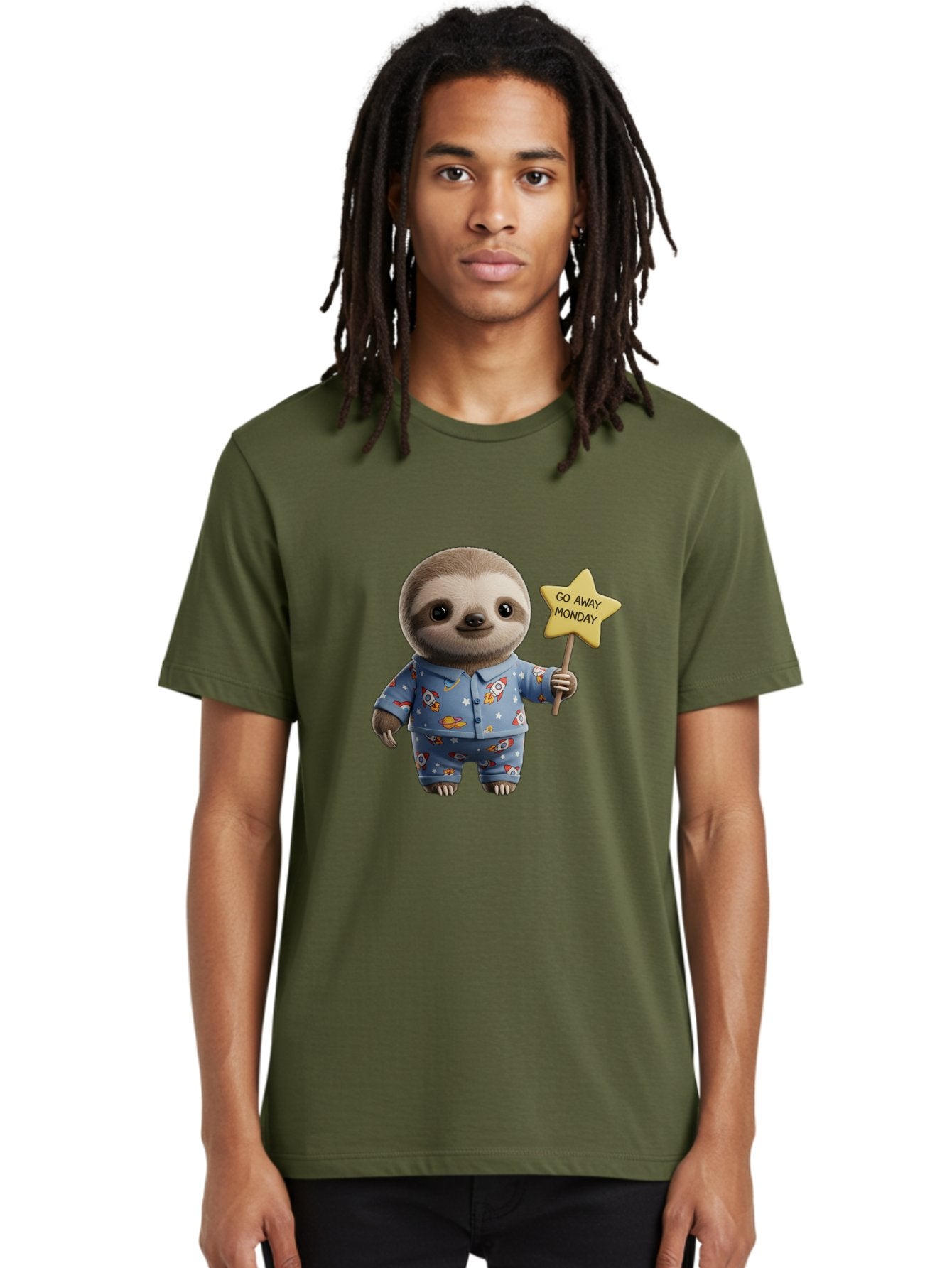 Go-Away-Monday-Sloth-3 Men'S Graphic Tee, 100% Cotton, Comfortable Casual Summer Wear, Machine Washable, Cute Sloth, Funny Sloth, Sloth In Pajamas, Space Themed, Cartoon Character, Go Away Monday Sign, Humorous Illustration, Quirky Design, Bae459 28