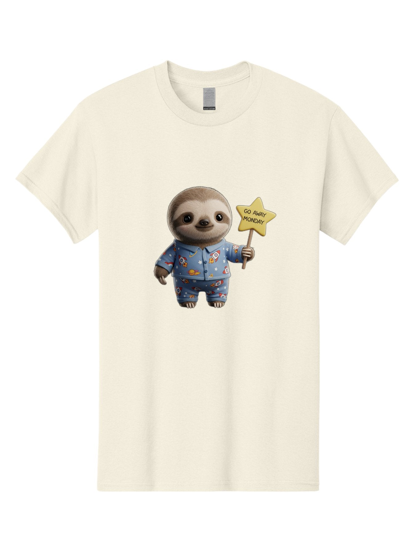 Go-Away-Monday-Sloth-3 Men'S Graphic Tee, 100% Cotton, Comfortable Casual Summer Wear, Machine Washable, Cute Sloth, Funny Sloth, Sloth In Pajamas, Space Themed, Cartoon Character, Go Away Monday Sign, Humorous Illustration, Quirky Design, Bae459 4