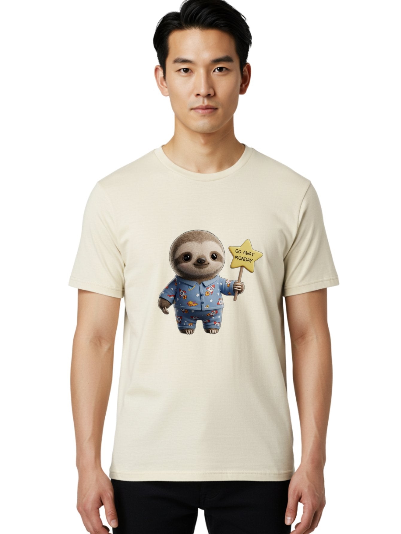 Go-Away-Monday-Sloth-3 Men'S Graphic Tee, 100% Cotton, Comfortable Casual Summer Wear, Machine Washable, Cute Sloth, Funny Sloth, Sloth In Pajamas, Space Themed, Cartoon Character, Go Away Monday Sign, Humorous Illustration, Quirky Design, Bae459 18