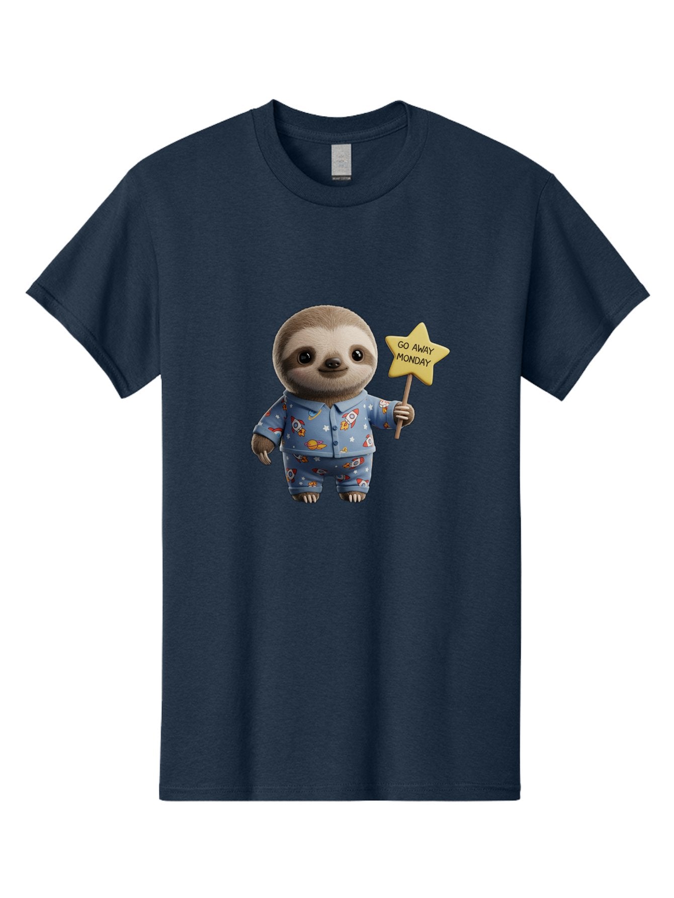 Go-Away-Monday-Sloth-3 Men'S Graphic Tee, 100% Cotton, Comfortable Casual Summer Wear, Machine Washable, Cute Sloth, Funny Sloth, Sloth In Pajamas, Space Themed, Cartoon Character, Go Away Monday Sign, Humorous Illustration, Quirky Design, Bae459 13