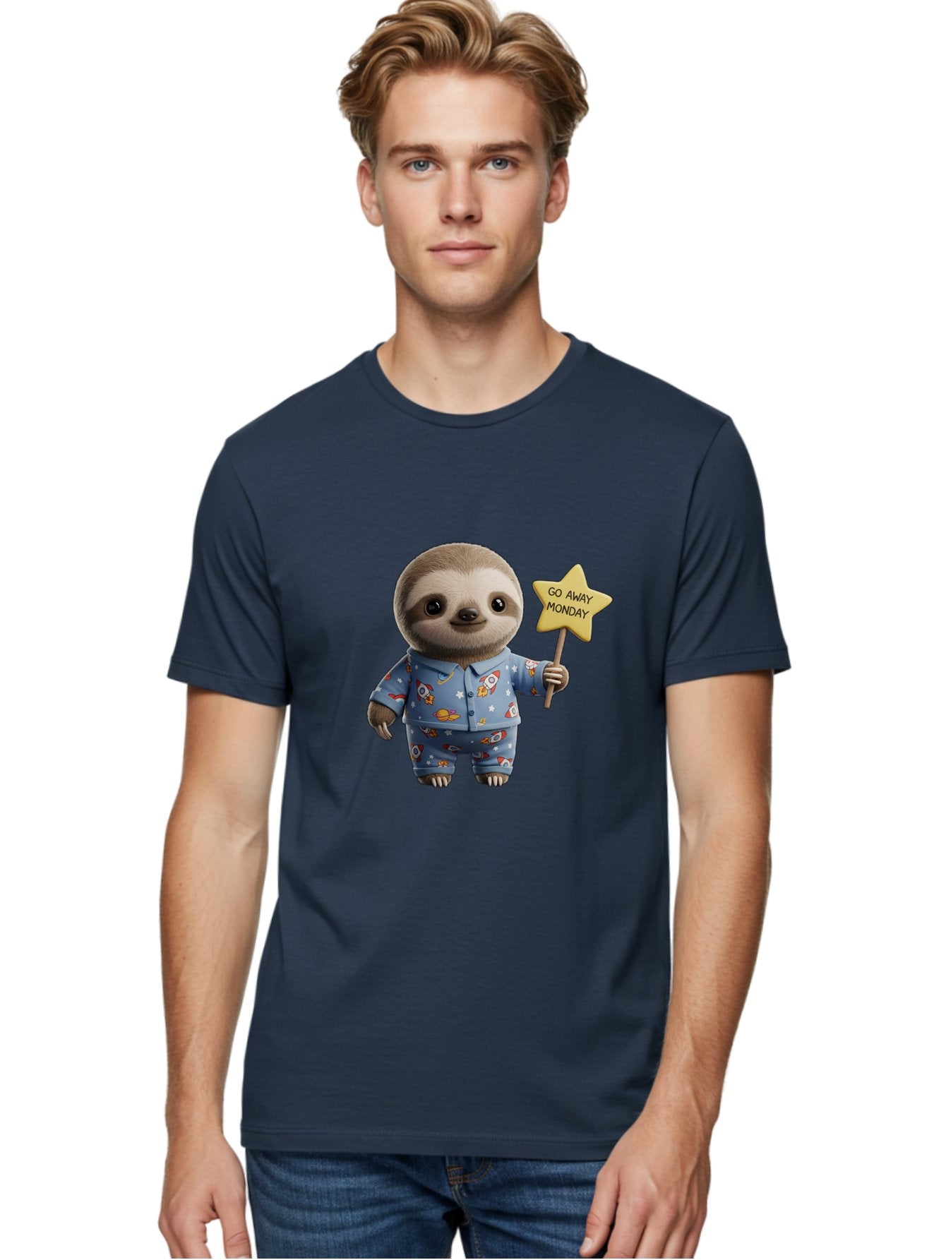 Go-Away-Monday-Sloth-3 Men'S Graphic Tee, 100% Cotton, Comfortable Casual Summer Wear, Machine Washable, Cute Sloth, Funny Sloth, Sloth In Pajamas, Space Themed, Cartoon Character, Go Away Monday Sign, Humorous Illustration, Quirky Design, Bae459 20