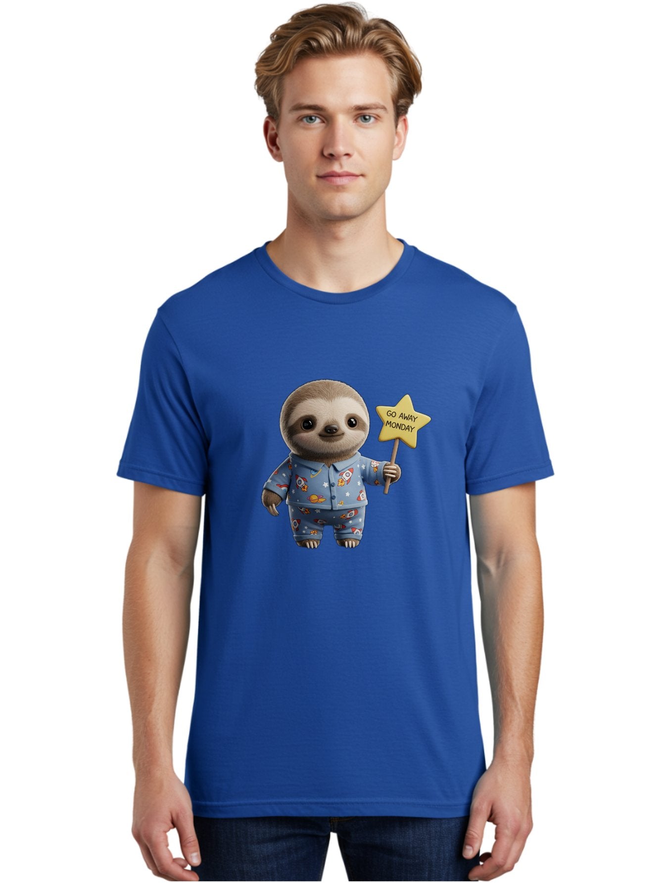 Go-Away-Monday-Sloth-3 Men'S Graphic Tee, 100% Cotton, Comfortable Casual Summer Wear, Machine Washable, Cute Sloth, Funny Sloth, Sloth In Pajamas, Space Themed, Cartoon Character, Go Away Monday Sign, Humorous Illustration, Quirky Design, Bae459 26
