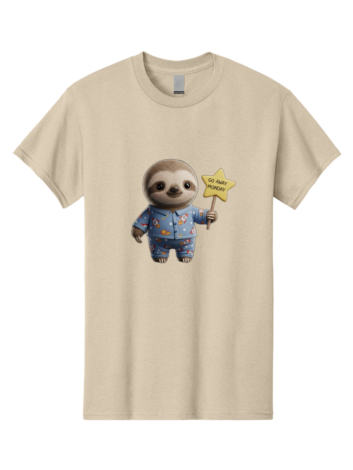 Go-Away-Monday-Sloth-3 Men'S Graphic Tee, 100% Cotton, Comfortable Casual Summer Wear, Machine Washable, Cute Sloth, Funny Sloth, Sloth In Pajamas, Space Themed, Cartoon Character, Go Away Monday Sign, Humorous Illustration, Quirky Design, Bae459 11