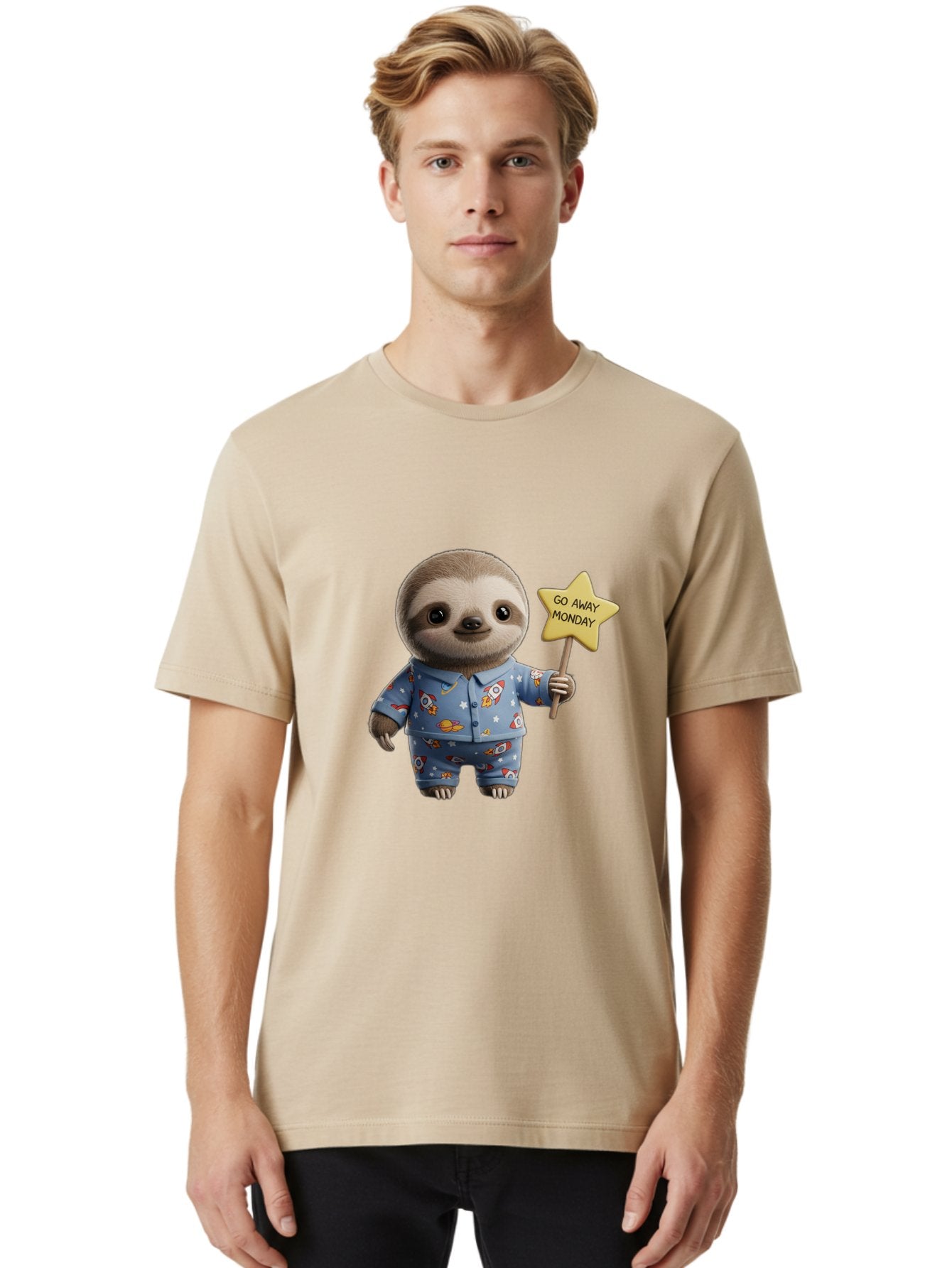 Go-Away-Monday-Sloth-3 Men'S Graphic Tee, 100% Cotton, Comfortable Casual Summer Wear, Machine Washable, Cute Sloth, Funny Sloth, Sloth In Pajamas, Space Themed, Cartoon Character, Go Away Monday Sign, Humorous Illustration, Quirky Design, Bae459 27