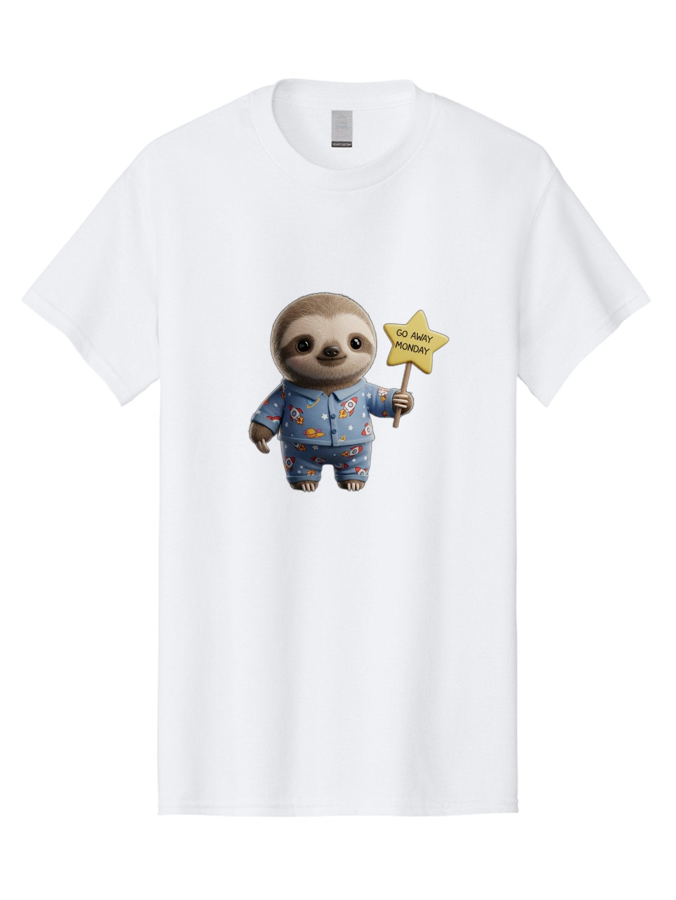 Go-Away-Monday-Sloth-3 Men'S Graphic Tee, 100% Cotton, Comfortable Casual Summer Wear, Machine Washable, Cute Sloth, Funny Sloth, Sloth In Pajamas, Space Themed, Cartoon Character, Go Away Monday Sign, Humorous Illustration, Quirky Design, Bae459 6