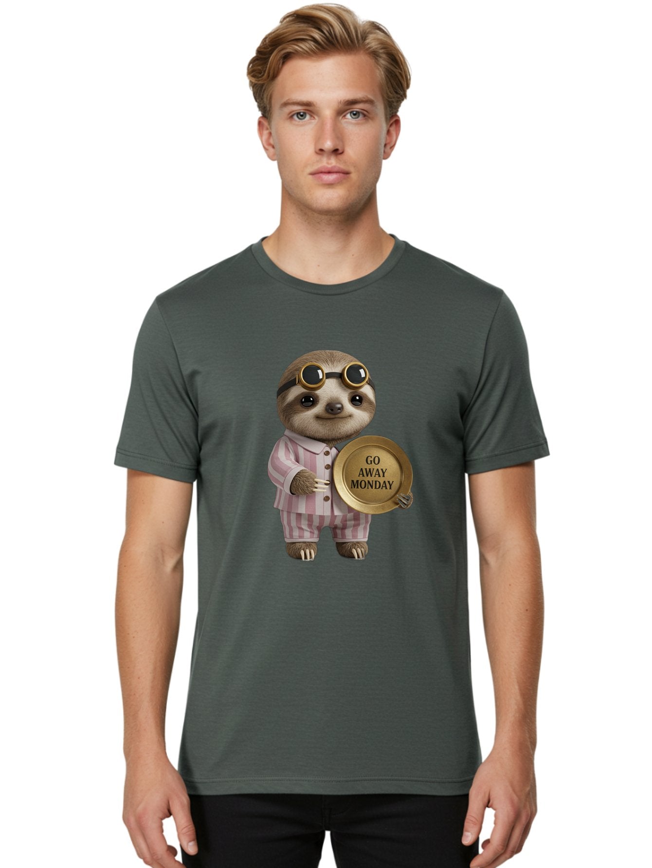 Go-Away-Monday-Sloth Men'S Graphic Tee, 100% Cotton, Comfortable Casual Summer Wear, Machine Washable, Sloth In Pajamas, Funny Meme, Humorous Animal, Relaxing Vibe, Lazy Monday, Humor, Quirky Character, Comical Animal, Funny Illustration Bae460 25
