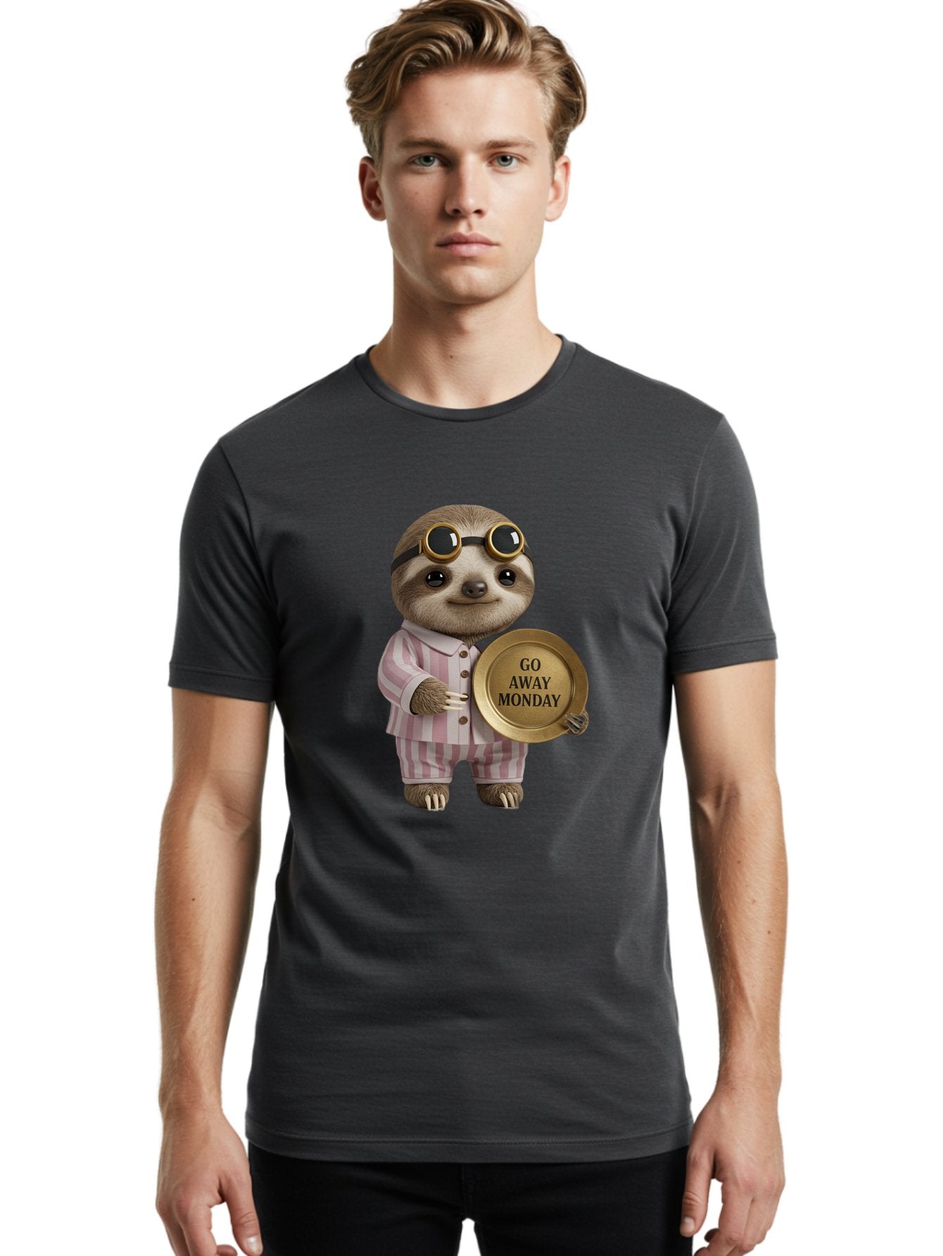 Go-Away-Monday-Sloth Men'S Graphic Tee, 100% Cotton, Comfortable Casual Summer Wear, Machine Washable, Sloth In Pajamas, Funny Meme, Humorous Animal, Relaxing Vibe, Lazy Monday, Humor, Quirky Character, Comical Animal, Funny Illustration Bae460 18