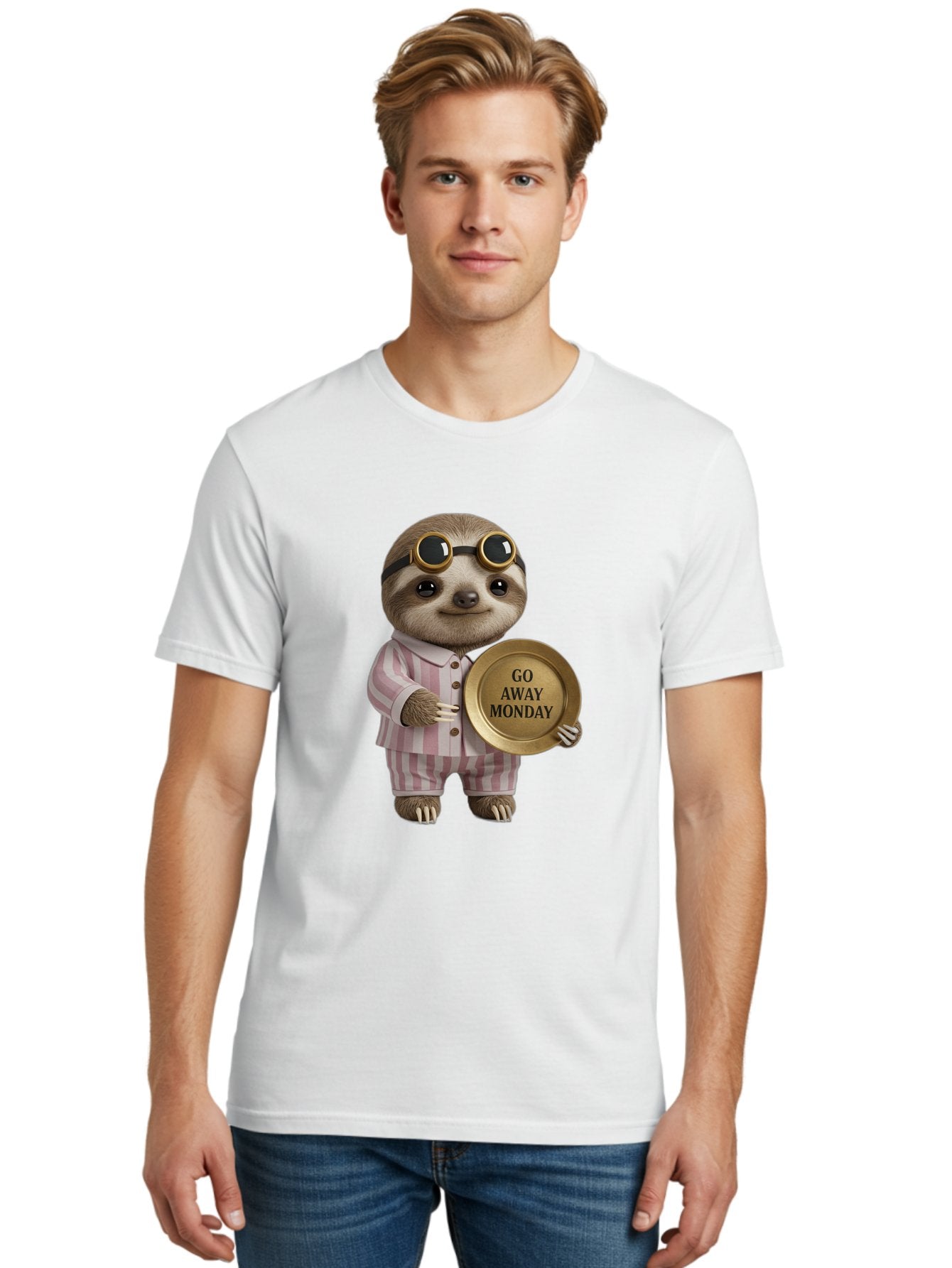 Go-Away-Monday-Sloth Men'S Graphic Tee, 100% Cotton, Comfortable Casual Summer Wear, Machine Washable, Sloth In Pajamas, Funny Meme, Humorous Animal, Relaxing Vibe, Lazy Monday, Humor, Quirky Character, Comical Animal, Funny Illustration Bae460 16