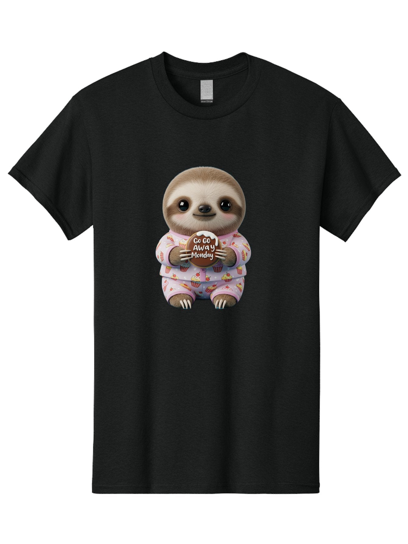 Go-Go-Away-Monday-Sloth Men'S Graphic Tee, 100% Cotton, Comfortable Casual Summer Wear, Machine Washable, Cute Sloth, Funny Sloth, Sloth In Pajamas, Cupcake Patterned, Holding Chocolate, Go Away Monday, Monday Blues, Humorous Illustration Bae461 10