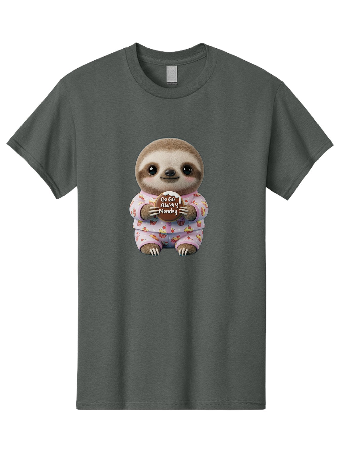 Go-Go-Away-Monday-Sloth Men'S Graphic Tee, 100% Cotton, Comfortable Casual Summer Wear, Machine Washable, Cute Sloth, Funny Sloth, Sloth In Pajamas, Cupcake Patterned, Holding Chocolate, Go Away Monday, Monday Blues, Humorous Illustration Bae461 5