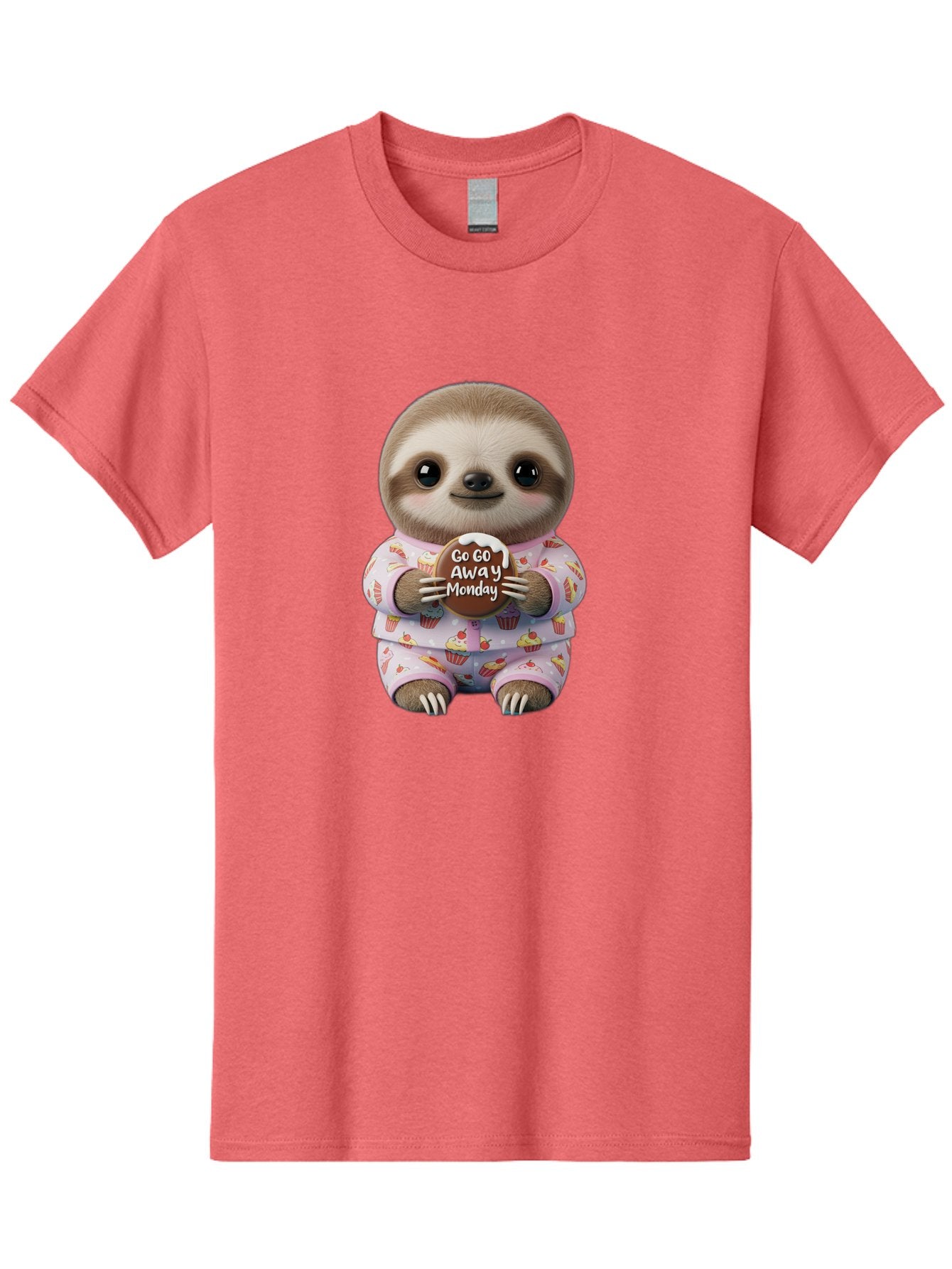 Go-Go-Away-Monday-Sloth Men'S Graphic Tee, 100% Cotton, Comfortable Casual Summer Wear, Machine Washable, Cute Sloth, Funny Sloth, Sloth In Pajamas, Cupcake Patterned, Holding Chocolate, Go Away Monday, Monday Blues, Humorous Illustration Bae461 6