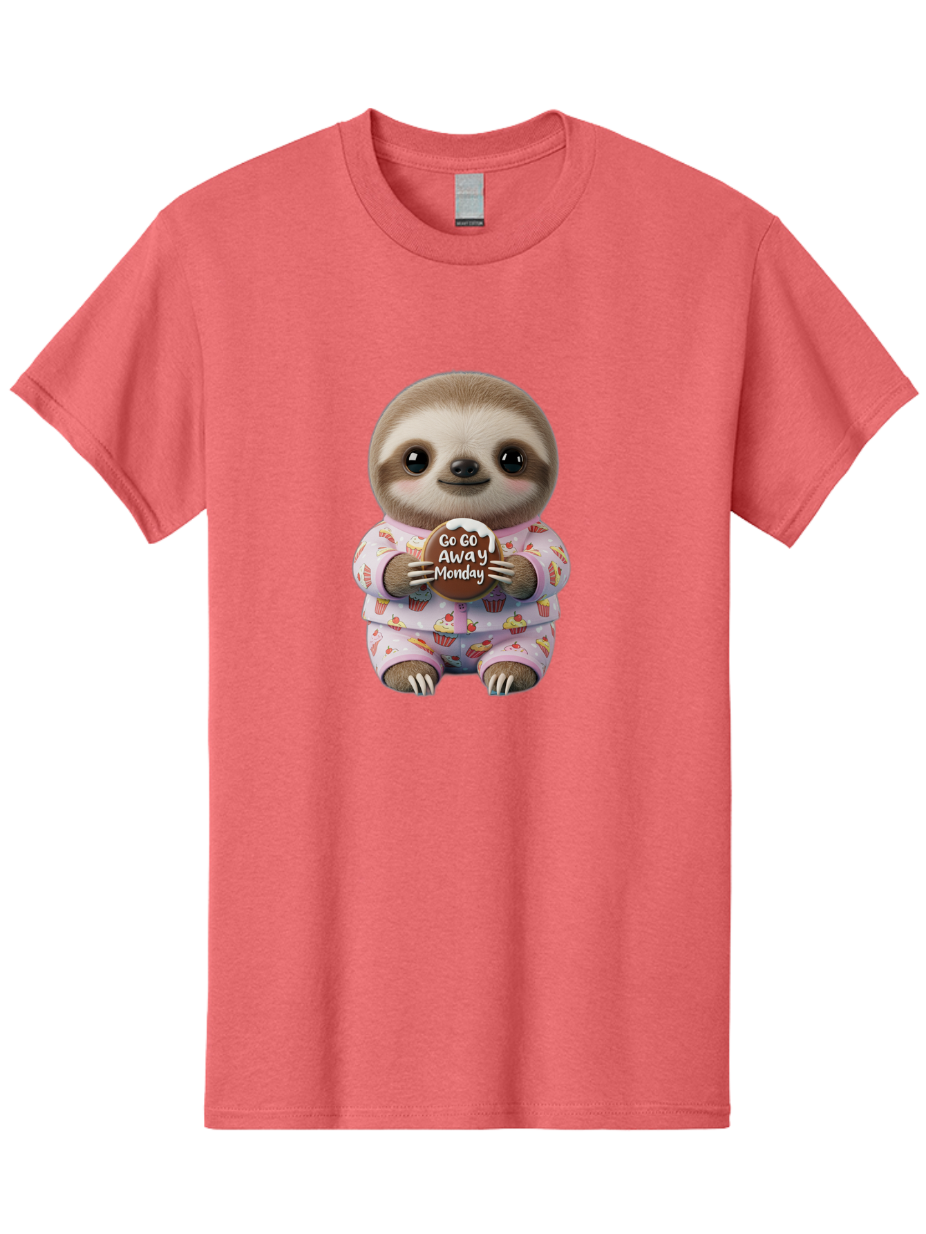 Go-Go-Away-Monday-Sloth Men'S Graphic Tee, 100% Cotton, Comfortable Casual Summer Wear, Machine Washable, Cute Sloth, Funny Sloth, Sloth In Pajamas, Cupcake Patterned, Holding Chocolate, Go Away Monday, Monday Blues, Humorous Illustration Bae461 7