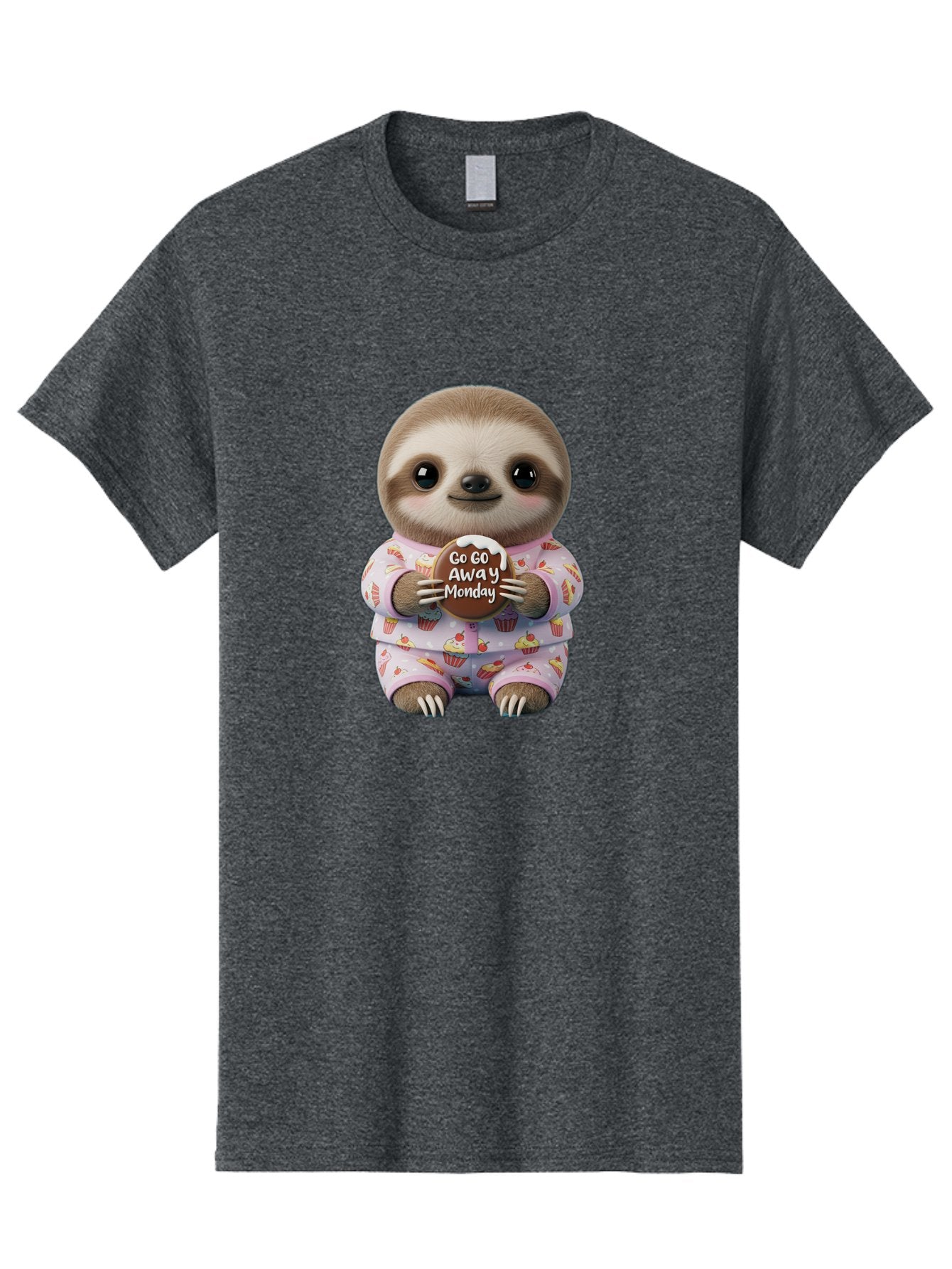 Go-Go-Away-Monday-Sloth Men'S Graphic Tee, 100% Cotton, Comfortable Casual Summer Wear, Machine Washable, Cute Sloth, Funny Sloth, Sloth In Pajamas, Cupcake Patterned, Holding Chocolate, Go Away Monday, Monday Blues, Humorous Illustration Bae461