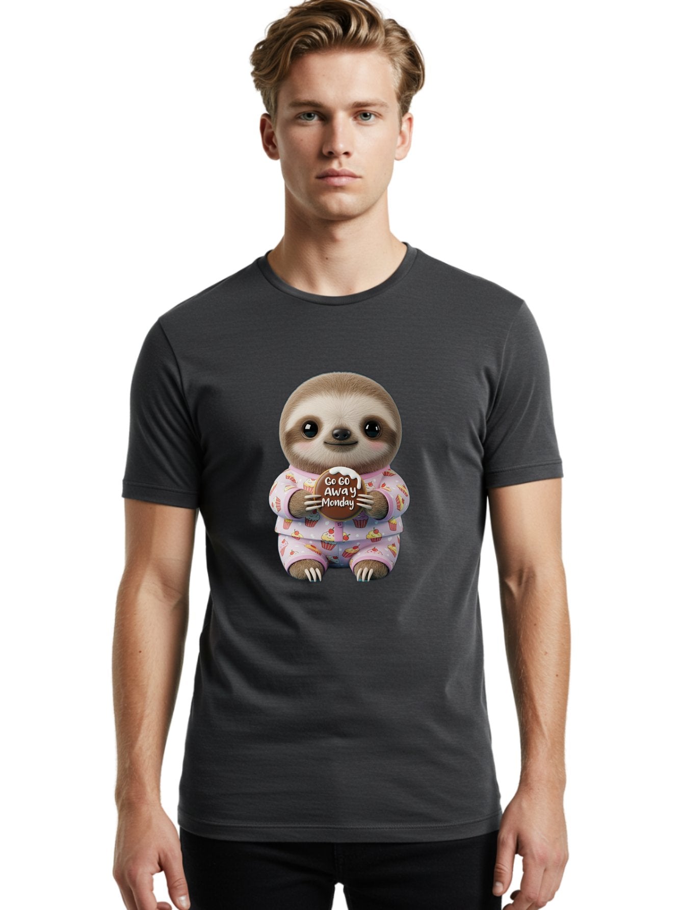 Go-Go-Away-Monday-Sloth Men'S Graphic Tee, 100% Cotton, Comfortable Casual Summer Wear, Machine Washable, Cute Sloth, Funny Sloth, Sloth In Pajamas, Cupcake Patterned, Holding Chocolate, Go Away Monday, Monday Blues, Humorous Illustration Bae461 21