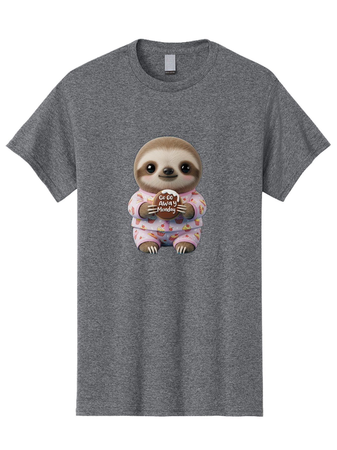 Go-Go-Away-Monday-Sloth Men'S Graphic Tee, 100% Cotton, Comfortable Casual Summer Wear, Machine Washable, Cute Sloth, Funny Sloth, Sloth In Pajamas, Cupcake Patterned, Holding Chocolate, Go Away Monday, Monday Blues, Humorous Illustration Bae461 13