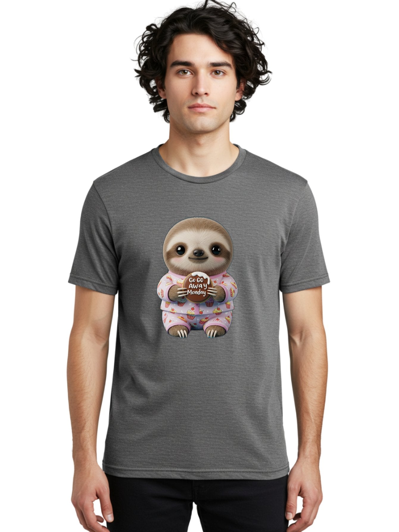 Go-Go-Away-Monday-Sloth Men'S Graphic Tee, 100% Cotton, Comfortable Casual Summer Wear, Machine Washable, Cute Sloth, Funny Sloth, Sloth In Pajamas, Cupcake Patterned, Holding Chocolate, Go Away Monday, Monday Blues, Humorous Illustration Bae461 20