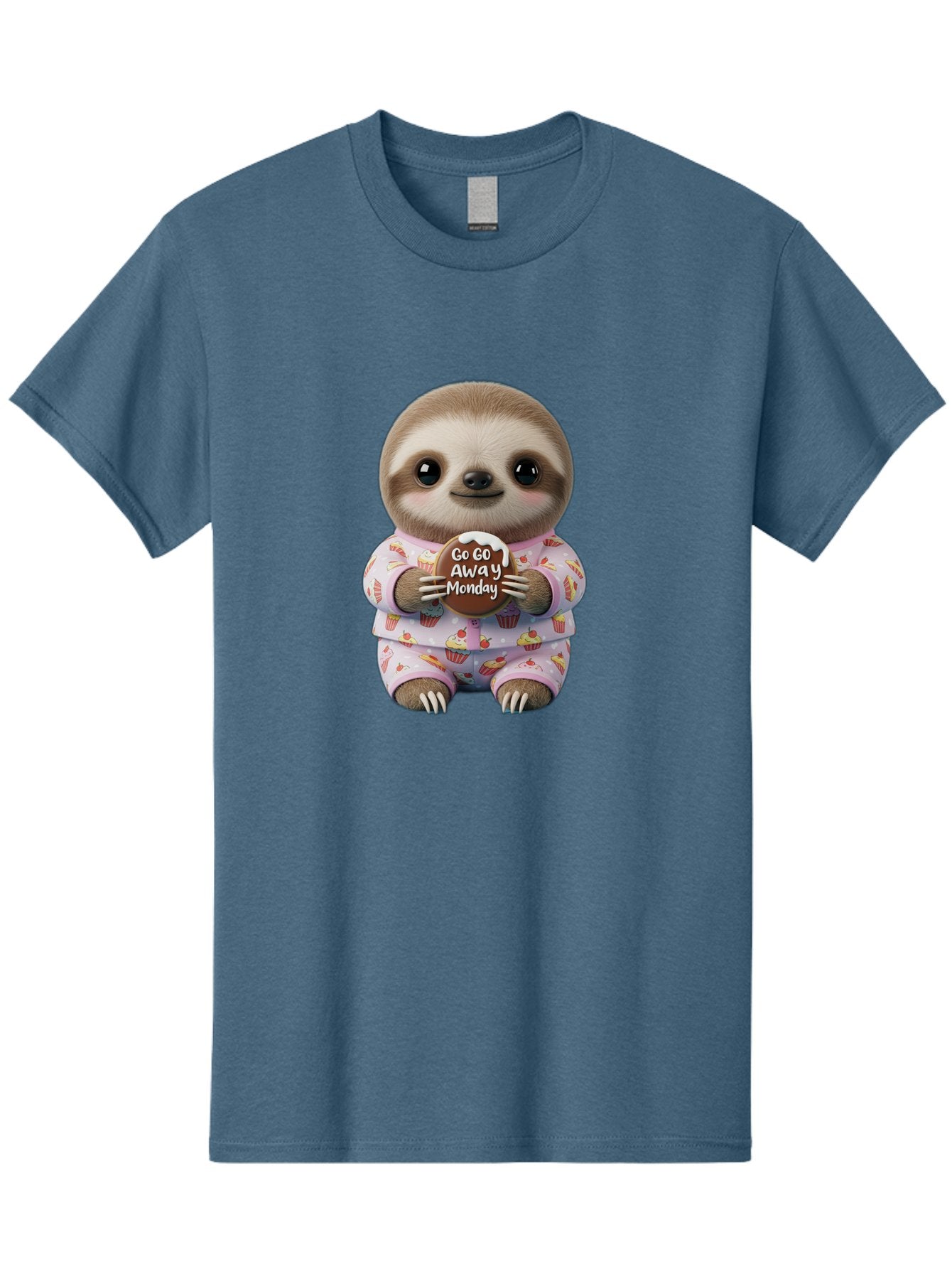 Go-Go-Away-Monday-Sloth Men'S Graphic Tee, 100% Cotton, Comfortable Casual Summer Wear, Machine Washable, Cute Sloth, Funny Sloth, Sloth In Pajamas, Cupcake Patterned, Holding Chocolate, Go Away Monday, Monday Blues, Humorous Illustration Bae461 12