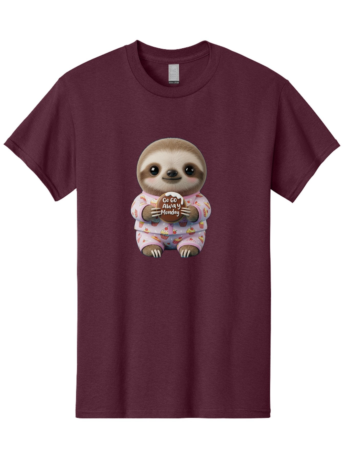 Go-Go-Away-Monday-Sloth Men'S Graphic Tee, 100% Cotton, Comfortable Casual Summer Wear, Machine Washable, Cute Sloth, Funny Sloth, Sloth In Pajamas, Cupcake Patterned, Holding Chocolate, Go Away Monday, Monday Blues, Humorous Illustration Bae461 4