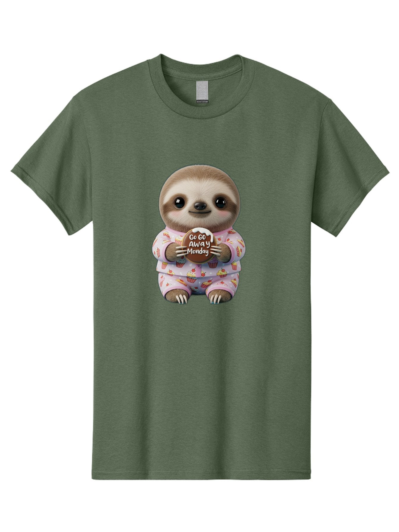 Go-Go-Away-Monday-Sloth Men'S Graphic Tee, 100% Cotton, Comfortable Casual Summer Wear, Machine Washable, Cute Sloth, Funny Sloth, Sloth In Pajamas, Cupcake Patterned, Holding Chocolate, Go Away Monday, Monday Blues, Humorous Illustration Bae461 11