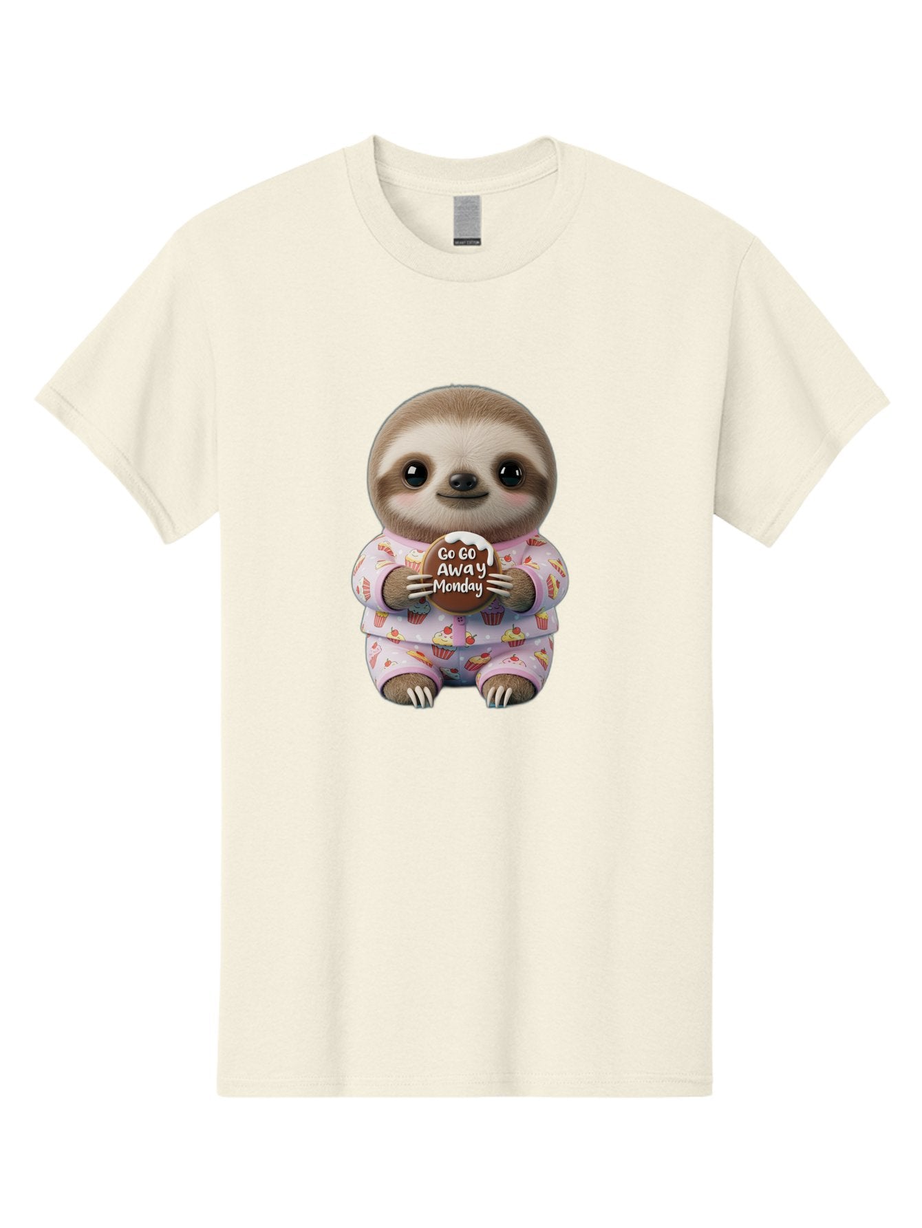Go-Go-Away-Monday-Sloth Men'S Graphic Tee, 100% Cotton, Comfortable Casual Summer Wear, Machine Washable, Cute Sloth, Funny Sloth, Sloth In Pajamas, Cupcake Patterned, Holding Chocolate, Go Away Monday, Monday Blues, Humorous Illustration Bae461 7