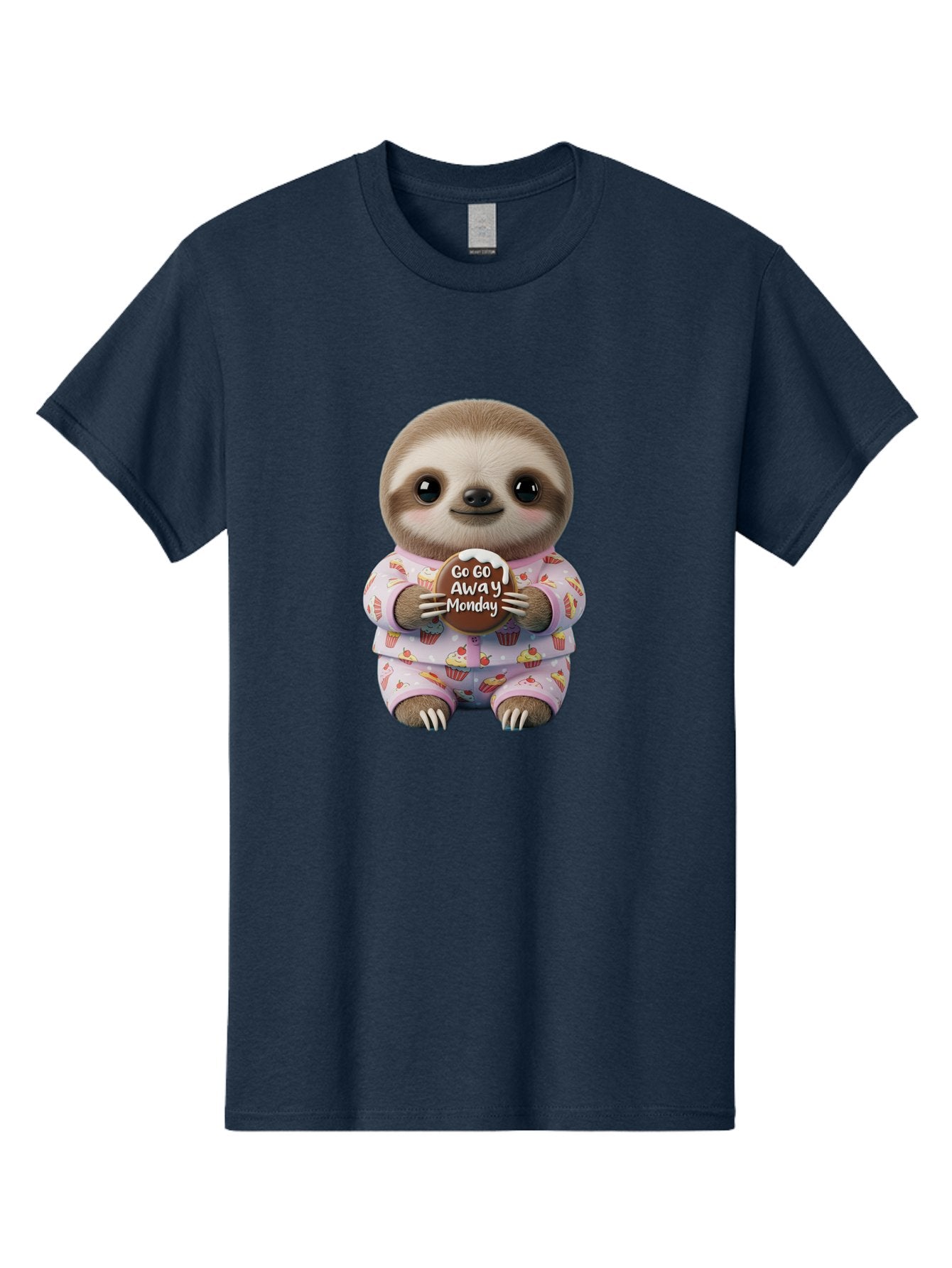 Go-Go-Away-Monday-Sloth Men'S Graphic Tee, 100% Cotton, Comfortable Casual Summer Wear, Machine Washable, Cute Sloth, Funny Sloth, Sloth In Pajamas, Cupcake Patterned, Holding Chocolate, Go Away Monday, Monday Blues, Humorous Illustration Bae461 3